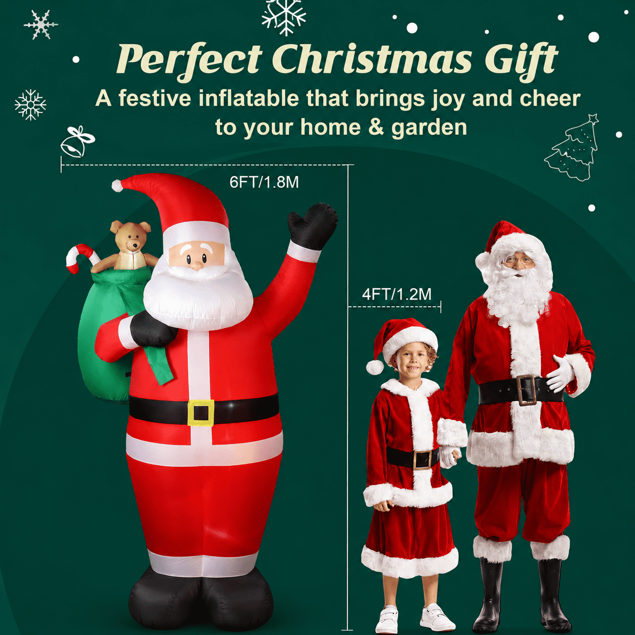 EssPur 6 FT Christmas Inflatable Santa Claus with Gift Bag & Candy Cane, LED Lighted Blow Up Outdoor Christmas Decoration, IP68 Waterproof Holiday Decor for Yard, Lawn, Garden, Porch and Indoor Use