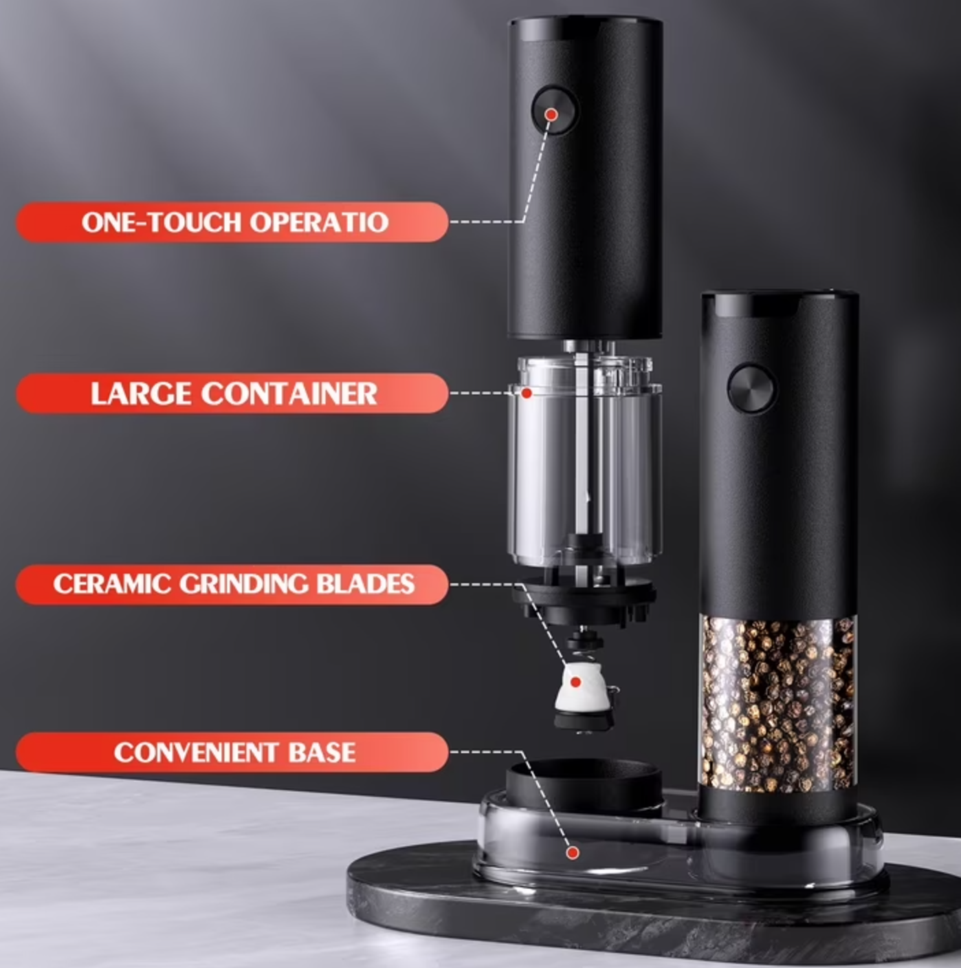 Harjon Electric Salt and Pepper Grinder Set Automatic Battery Pepper Mill Shakers Adjustable Coarseness Easy Filling Upgraded Larger Capacity with Led (2 Pack Black/Black）
