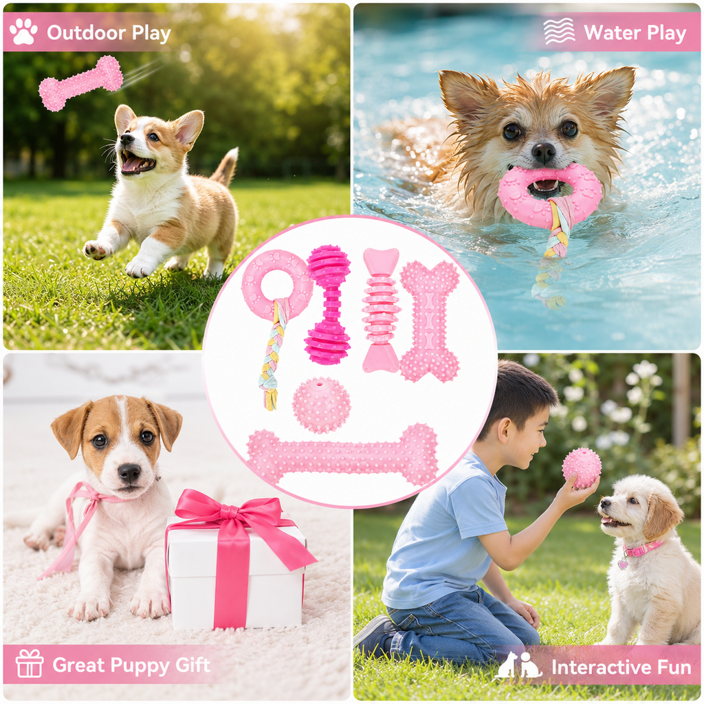 COUTEER Puppy Toys, 6 Pack Dog Chew Toys for Puppy, Cute Pink Small Dog Toys, Teething Toys for Puppies, Soft Durable Interactive Chew Toy for Small Dogs