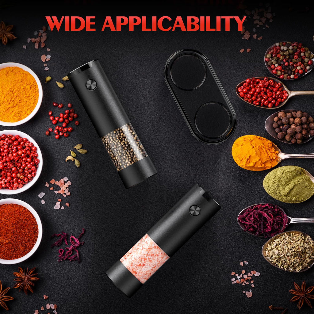 Harjon Electric Salt and Pepper Grinder Set Automatic Battery Pepper Mill Shakers Adjustable Coarseness Easy Filling Upgraded Larger Capacity with Led (2 Pack Black/Black）