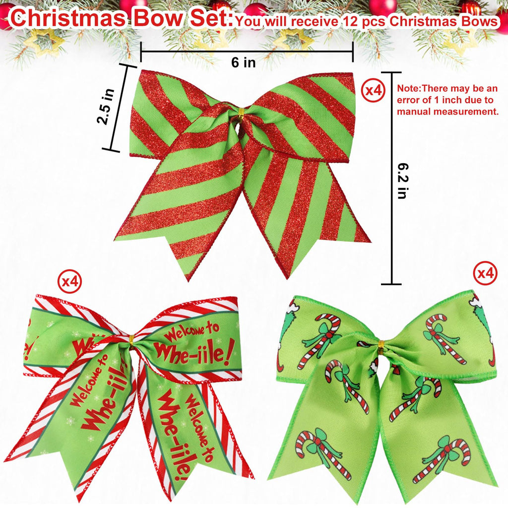 EssPur 12 Pcs Red Green Christmas Bows,6 Inch Large Christmas Wreaths Bows for Tree Gift Wrapping Garland,Christmas Decoration Holiday Party Crafts Xmas Tree Ribbon Ornaments (Pattern)