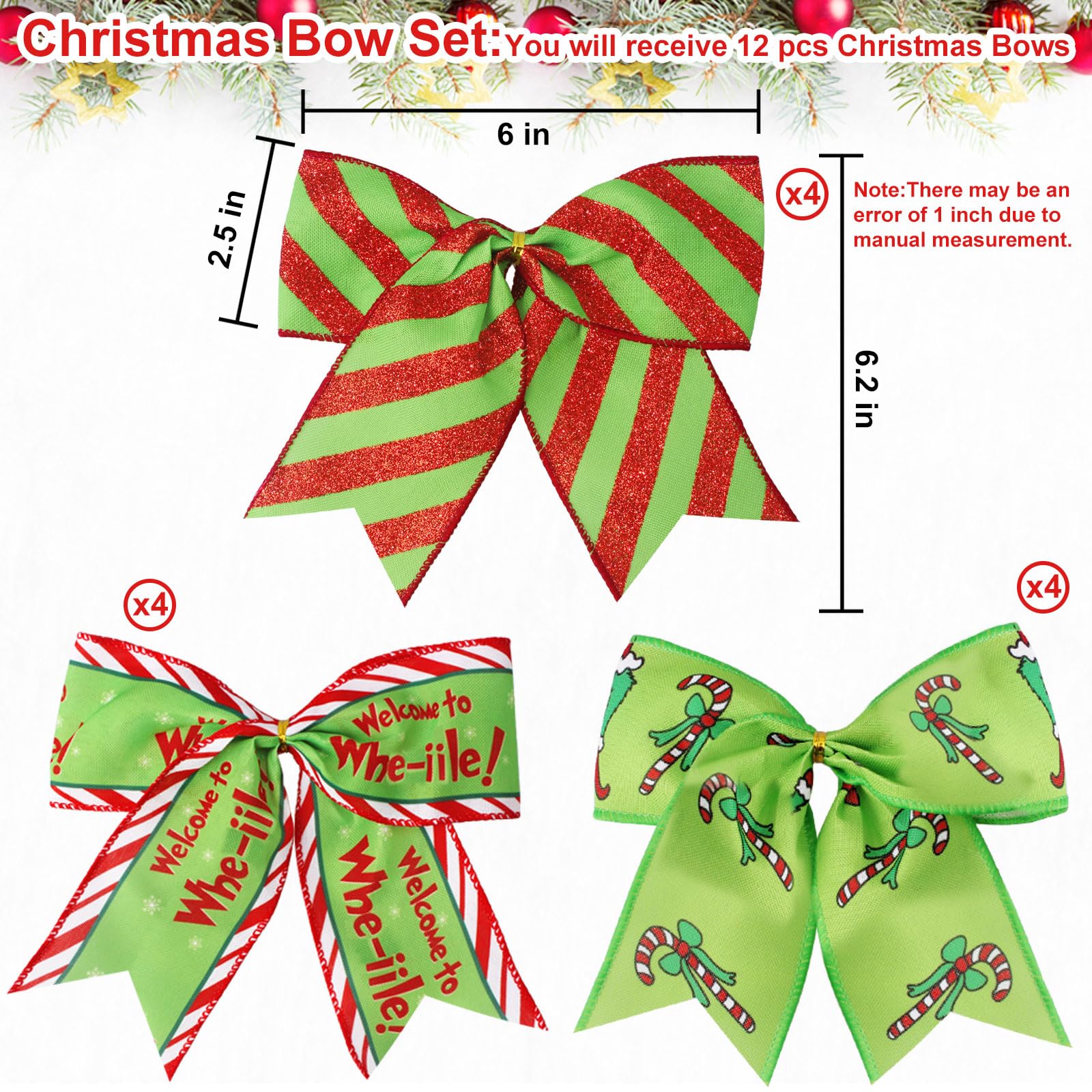 EssPur 12 Pcs Red Green Christmas Bows,6 Inch Large Christmas Wreaths Bows for Tree Gift Wrapping Garland,Christmas Decoration Holiday Party Crafts Xmas Tree Ribbon Ornaments (Pattern)