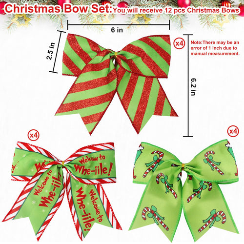 EssPur 12 Pcs Red Green Christmas Bows,6 Inch Large Christmas Wreaths Bows for Tree Gift Wrapping Garland,Christmas Decoration Holiday Party Crafts Xmas Tree Ribbon Ornaments (Pattern)