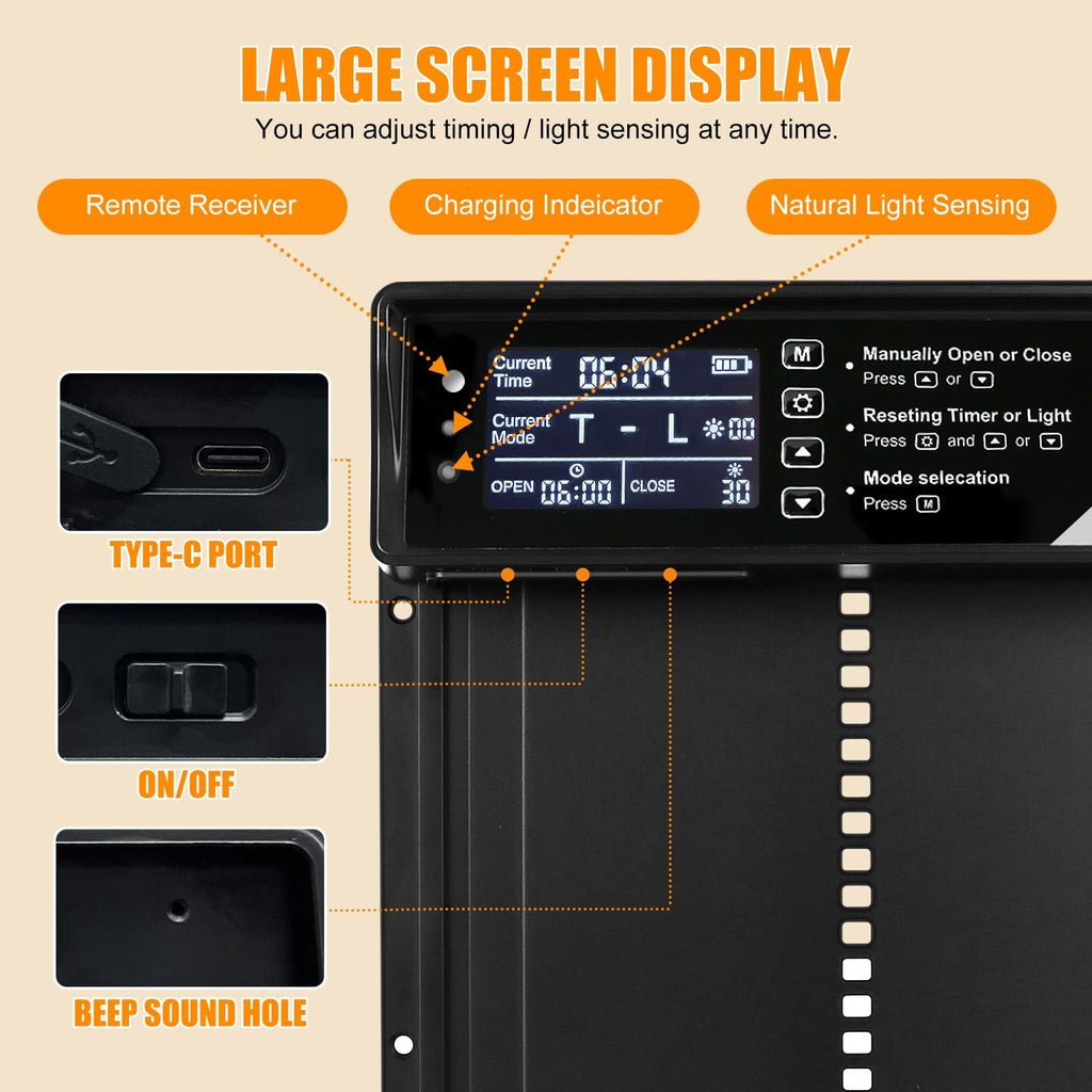 Harjon Automatic Chicken Coop Door Solar Powered, LCD Display Automatic Chicken Door with Timer & Light Sensor, Aluminum Alloy Chicken Door with Remote Control & 4 Modes Automatic Chicken Door Solar