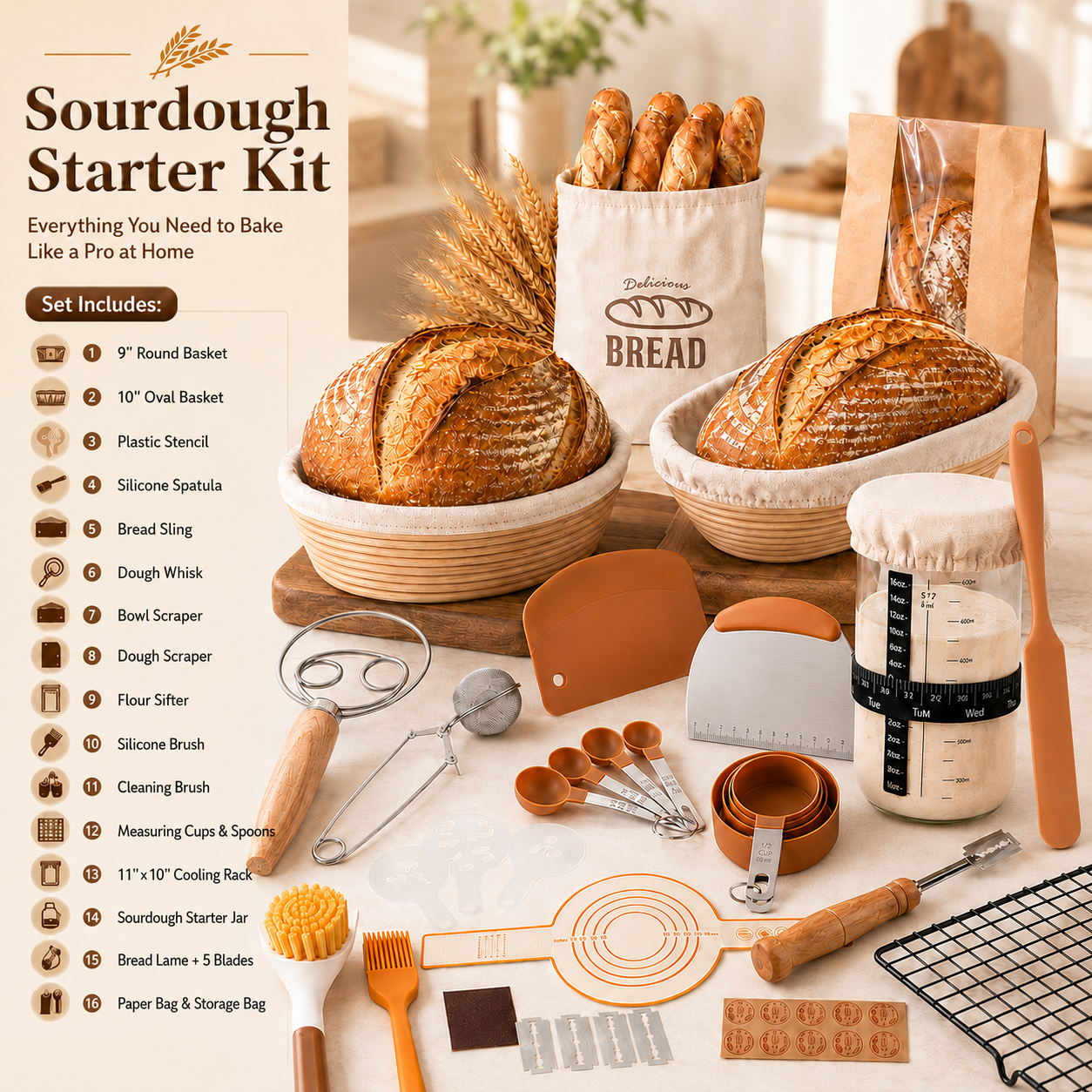 EssPur Sourdough Starter Kit with Round & Oval Banneton Bread Proofing Basket, Bread Sling, Starter Jar, Dough Whisk, Scrapers, Stencils, Cooling Rack & Bag Complete Sourdough Bread Baking Supplies