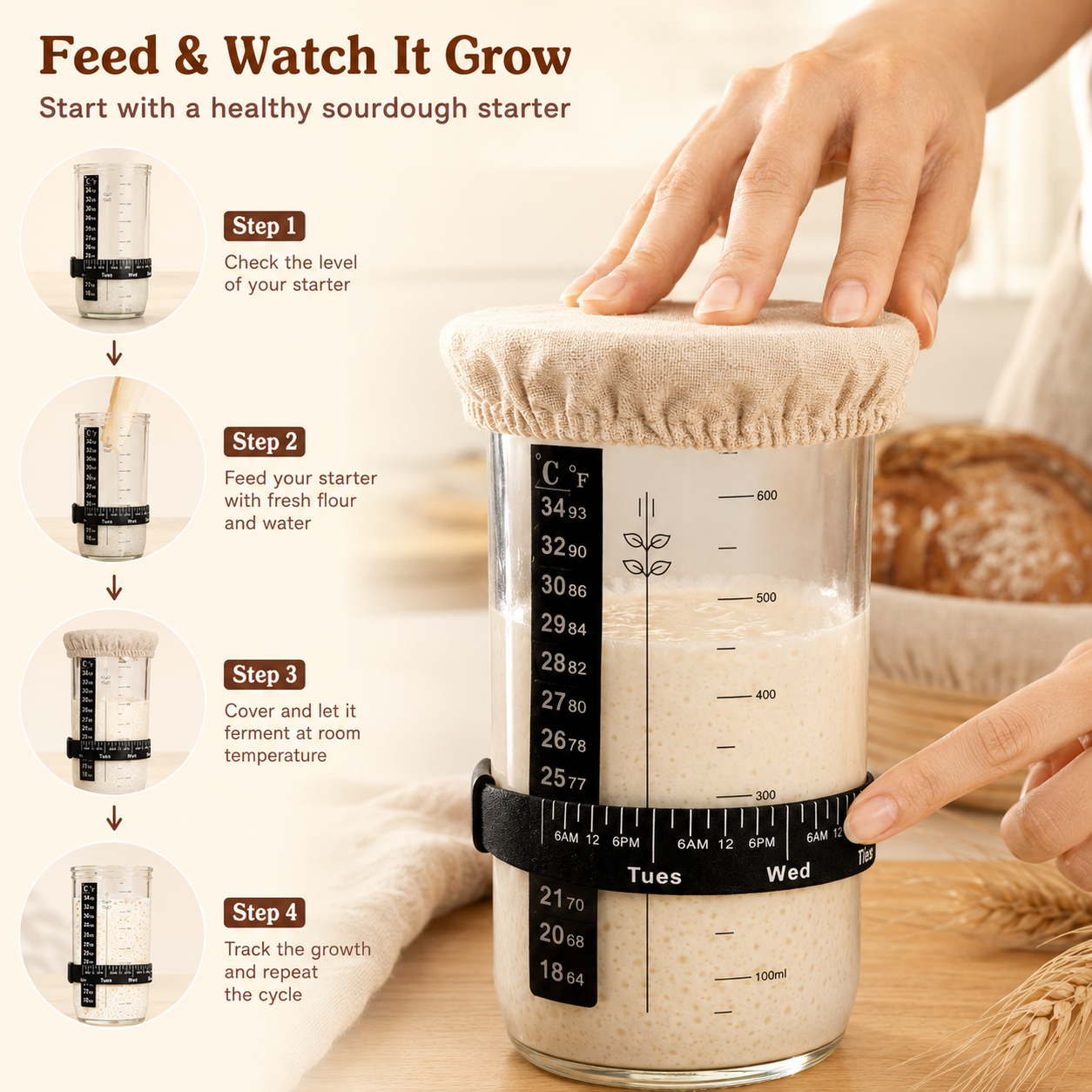 EssPur Sourdough Starter Kit with Round & Oval Banneton Bread Proofing Basket, Bread Sling, Starter Jar, Dough Whisk, Scrapers, Stencils, Cooling Rack & Bag Complete Sourdough Bread Baking Supplies