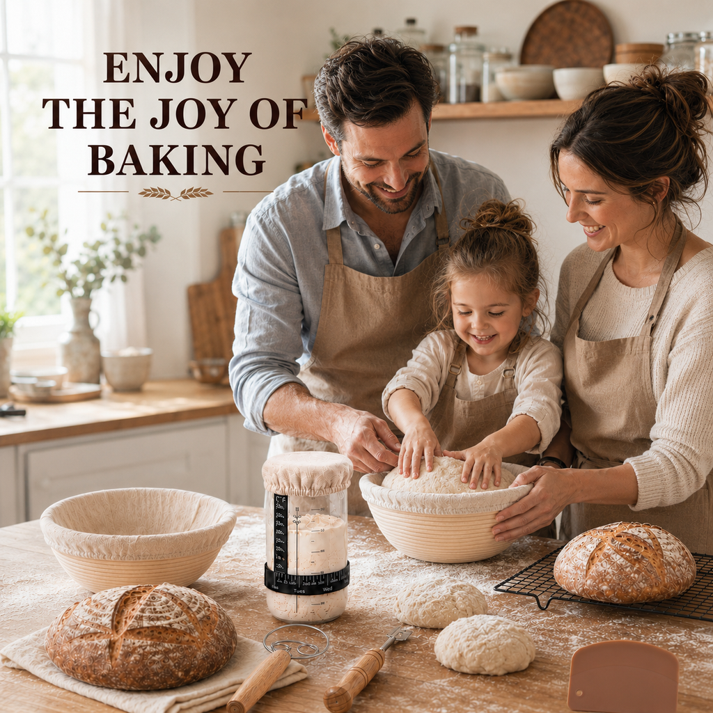 EssPur Sourdough Starter Kit with Round & Oval Banneton Bread Proofing Basket, Bread Sling, Starter Jar, Dough Whisk, Scrapers, Stencils, Cooling Rack & Bag Complete Sourdough Bread Baking Supplies