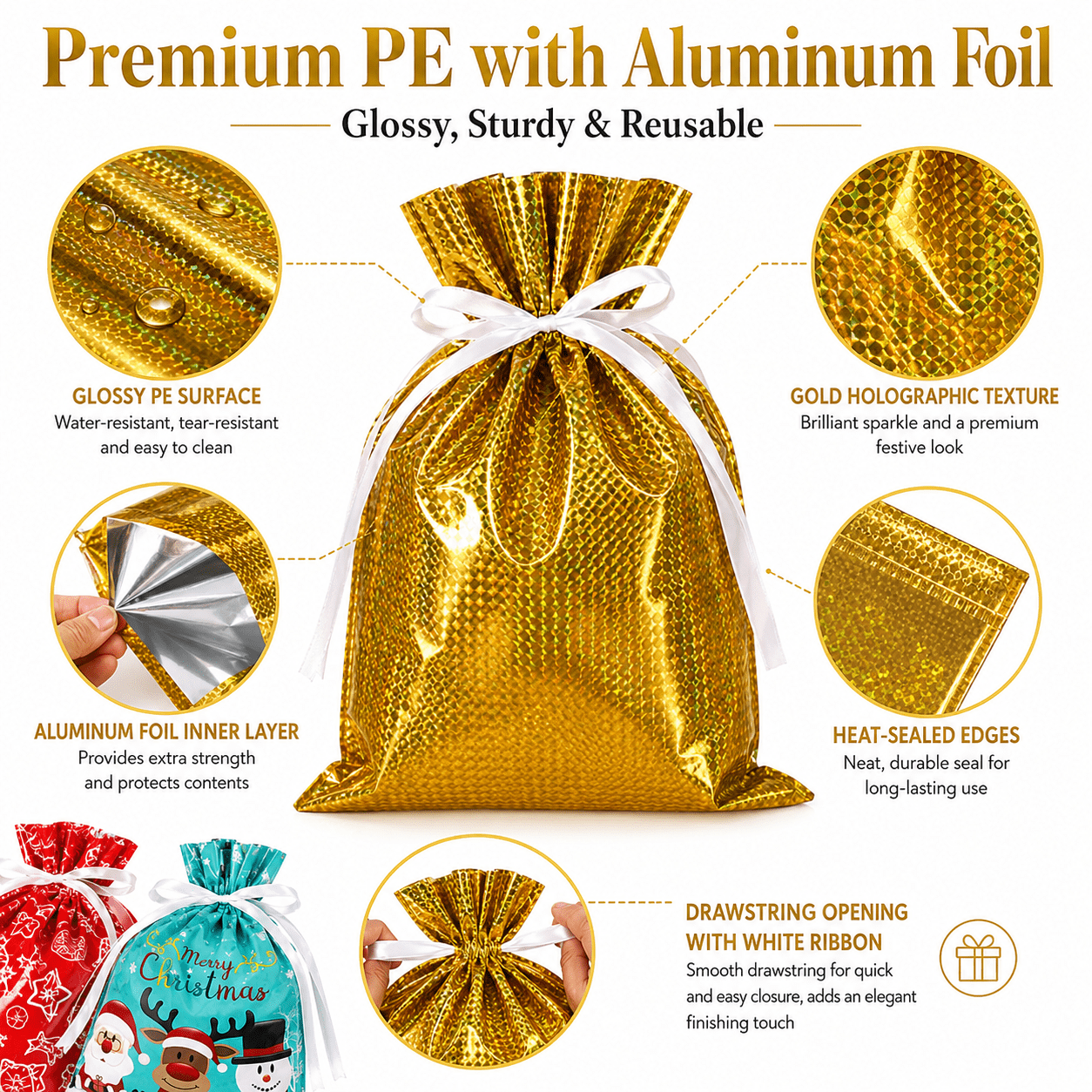 COUTEER 30PCS Christmas Drawstring Gift Bags, Holiday Foil Gift Wrapping Bags Assorted Sizes Xmas Present Sacks for Gifts, Party Favors & Holiday Packaging