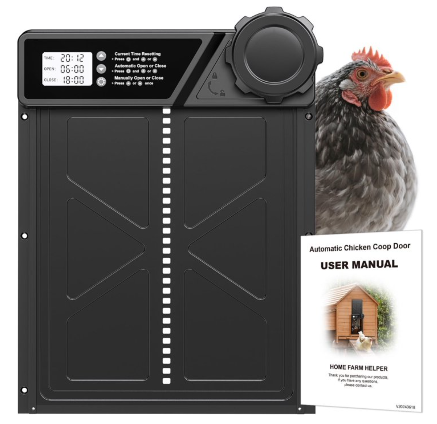 COUTEER Large Automatic Chicken Coop Door, Aluminum Automatic Chicken Door with Manual & Timer Mode, Anti-Pinch & Battery Powered, LCD Display Chicken Door for Chickens, Ducks, and Geese