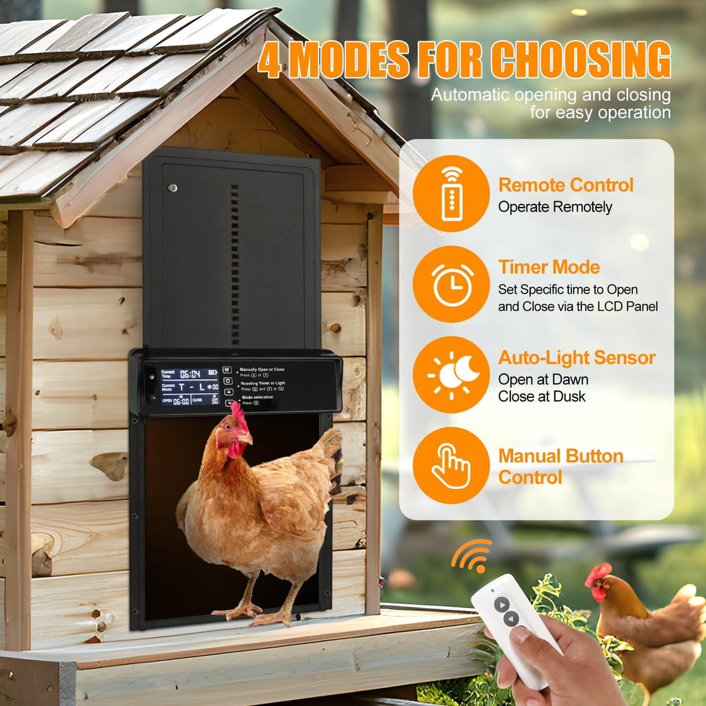 Harjon Automatic Chicken Coop Door Solar Powered, LCD Display Automatic Chicken Door with Timer & Light Sensor, Aluminum Alloy Chicken Door with Remote Control & 4 Modes Automatic Chicken Door Solar