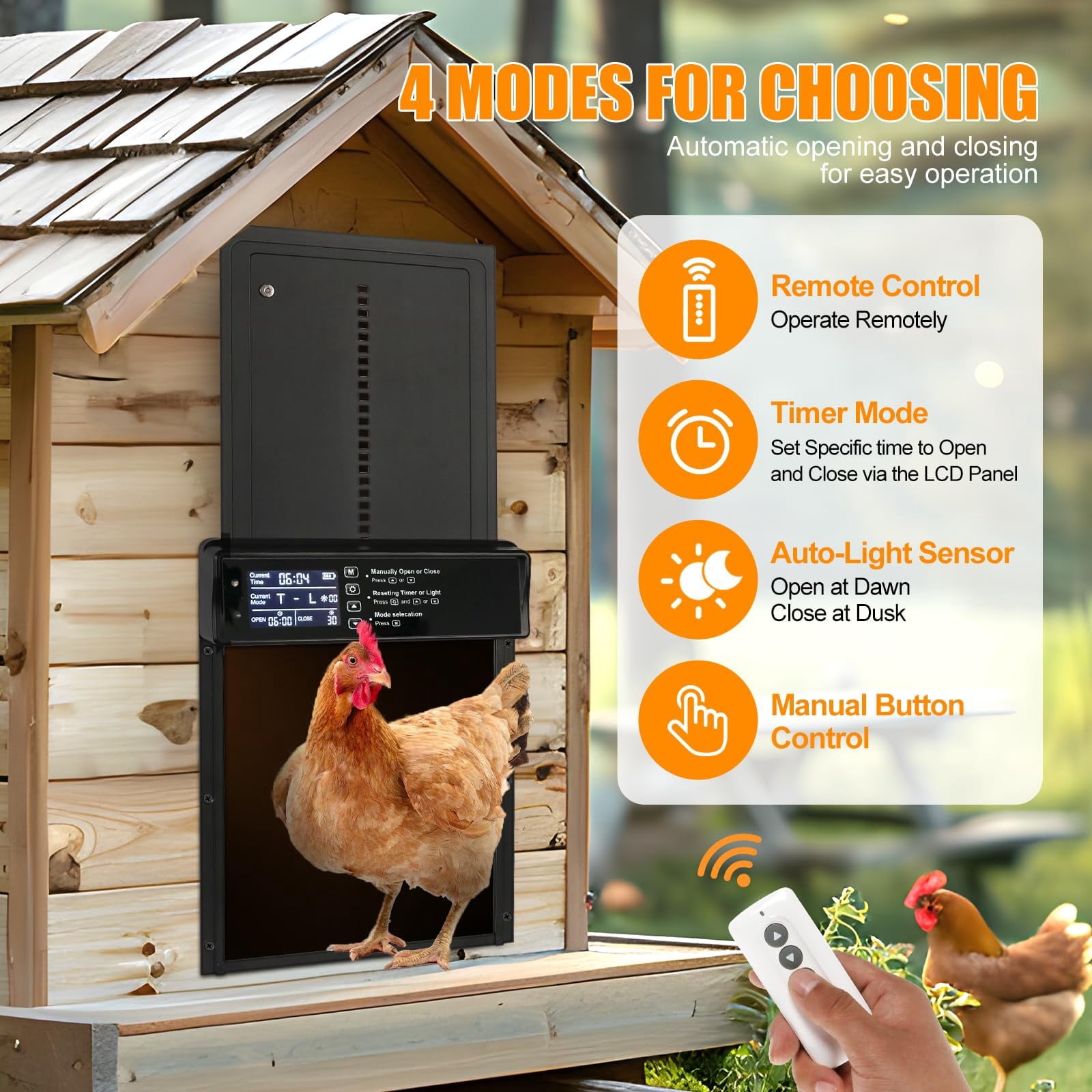Harjon Automatic Chicken Coop Door Solar Powered, LCD Display Automatic Chicken Door with Timer & Light Sensor, Aluminum Alloy Chicken Door with Remote Control & 4 Modes Automatic Chicken Door Solar