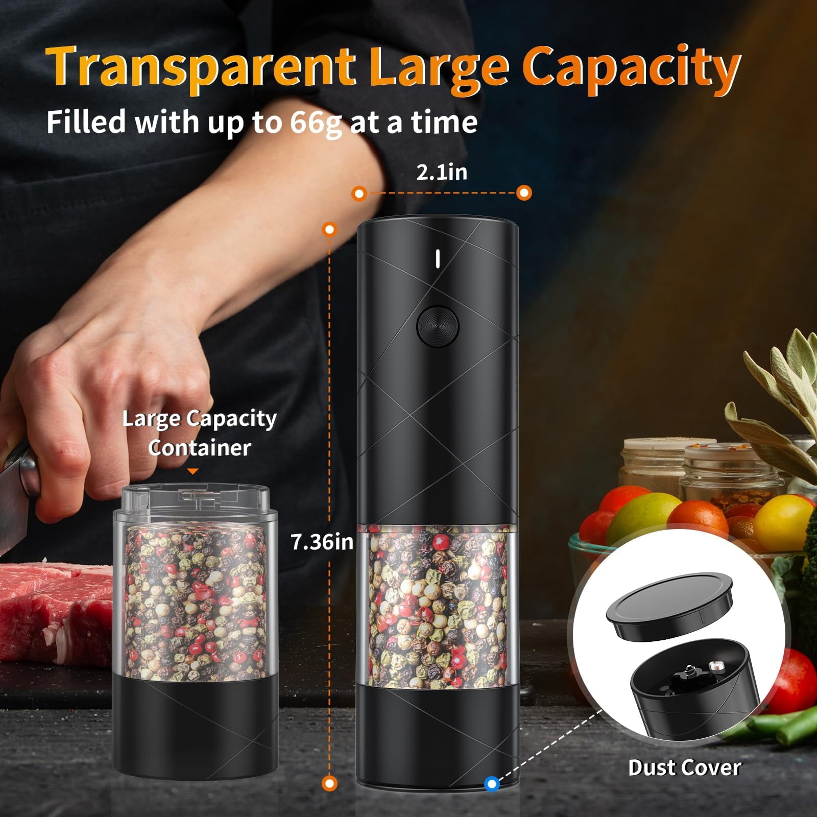 Harjon 2 Pack Electric Salt and Pepper Grinder Set USB Rechargeable with Warm LED Light, Adjustable Coarseness Lidaop Large Capacity Automatic Salt Pepper Mill Grinder for Kitchen, Restaurant, Outdoor