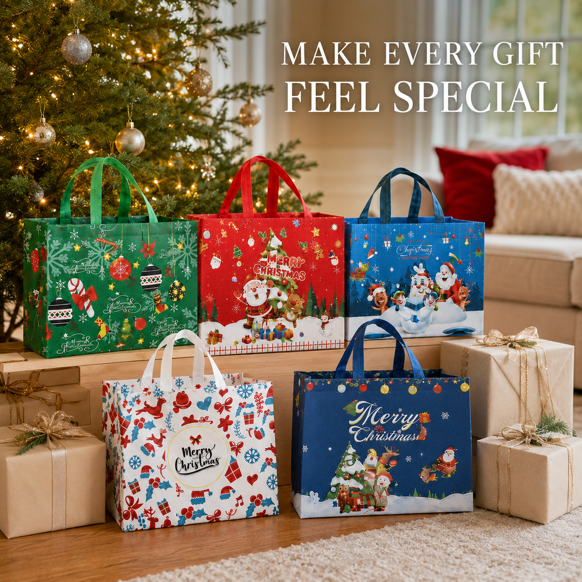Harjon Christmas Gift Bags,9 Pcs Christmas Tote Bags with Handles for Shopping,Grocery Bags,Gifts Wrapping,Christmas Party Supplies Decorations,12.7"*9.8"*6.7" Reusable Gift Bags