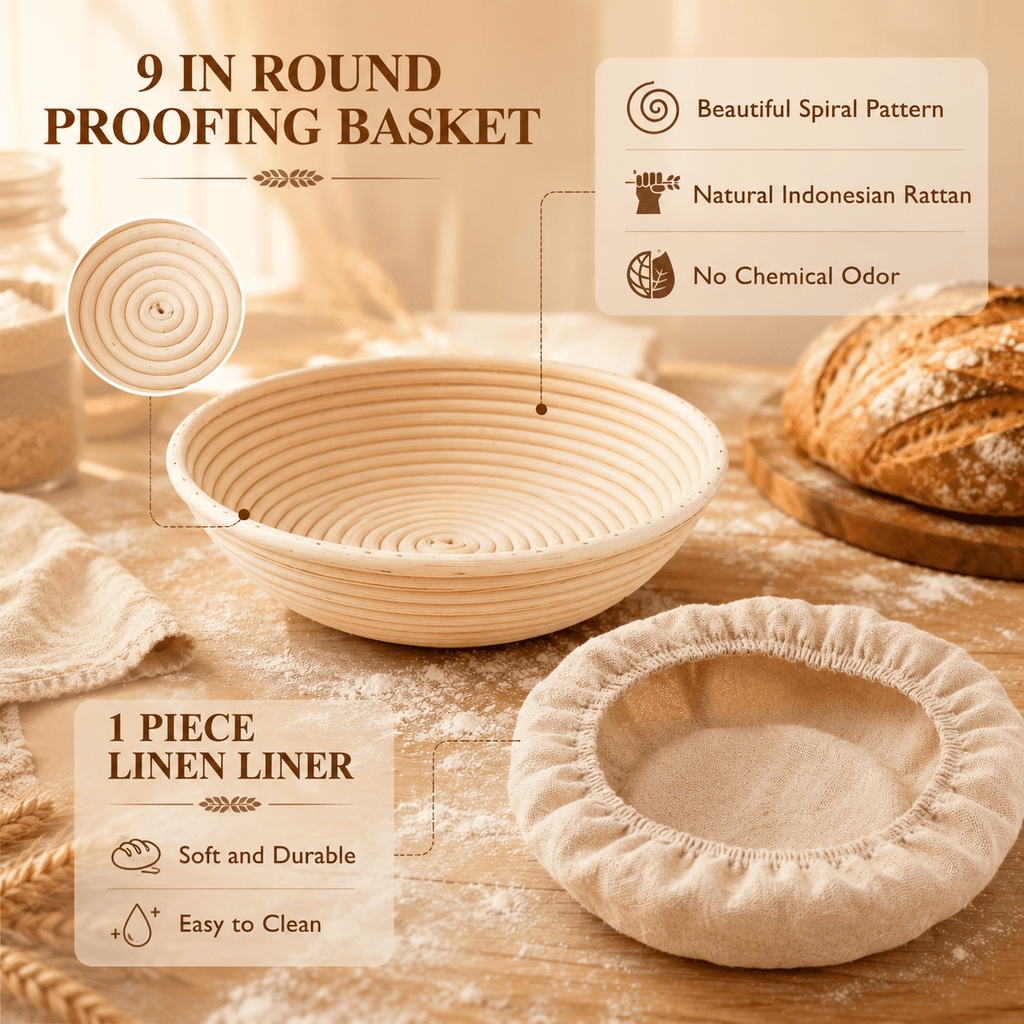 EssPur Complete Sourdough Starter Kit, 9 Inch Round Banneton Bread Proofing Basket with Sourdough Starter Jar, Bread Baking Supplies for Homemade Artisan Bread