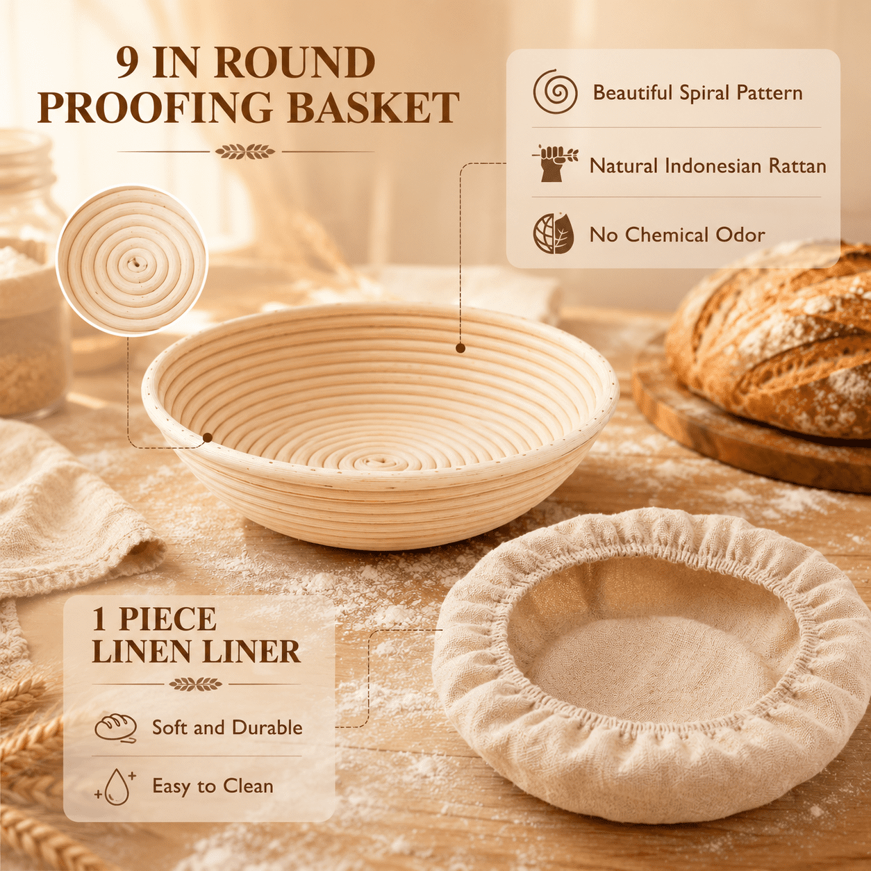 EssPur Complete Sourdough Starter Kit, 9 Inch Round Banneton Bread Proofing Basket with Sourdough Starter Jar, Bread Baking Supplies for Homemade Artisan Bread