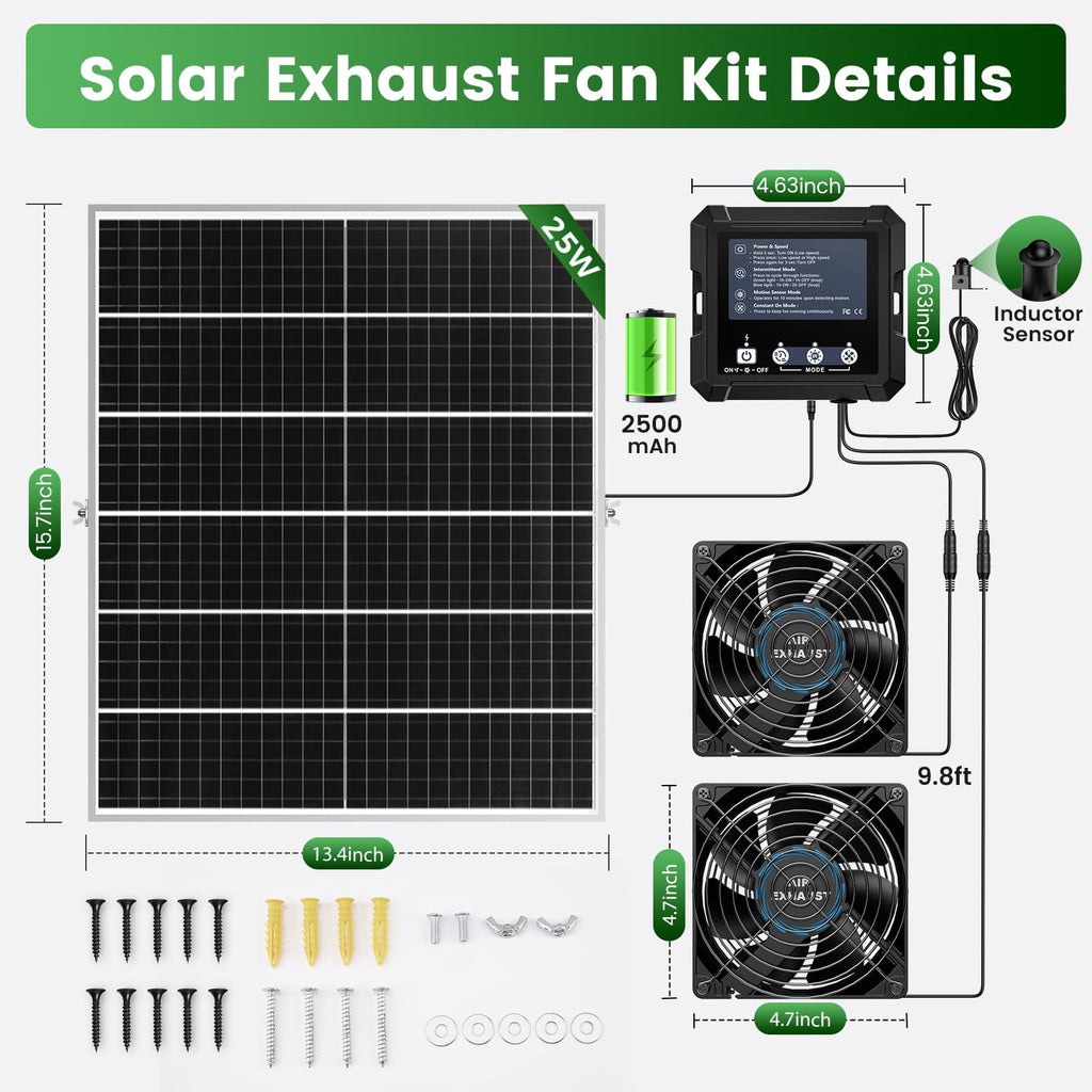 COUTEER 25W Smart Solar Fan for Chicken Coop, Solar Powered Exhaust Fan with 2500mAh Battery, 3 Modes, IP65 Waterproof Ventilation Fan for Greenhouse, Dog House, Shed, Garage Cooling