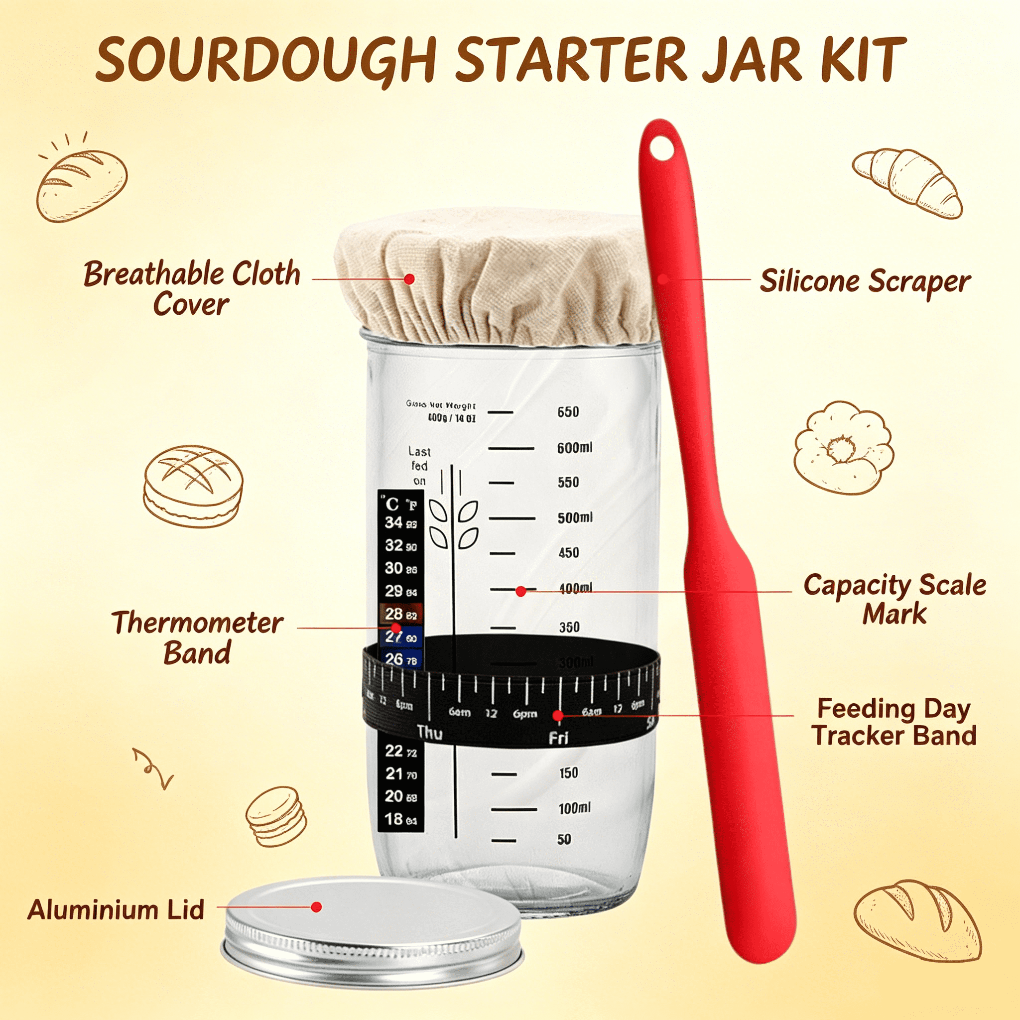 EssPur Sourdough Starter Kit with 9'' Banneton Proofing Basket and Glass Jar – Complete Bread Baking Supplies for Homemade Artisan Loaf, Proofing Bowl Set for Beginner Bakers