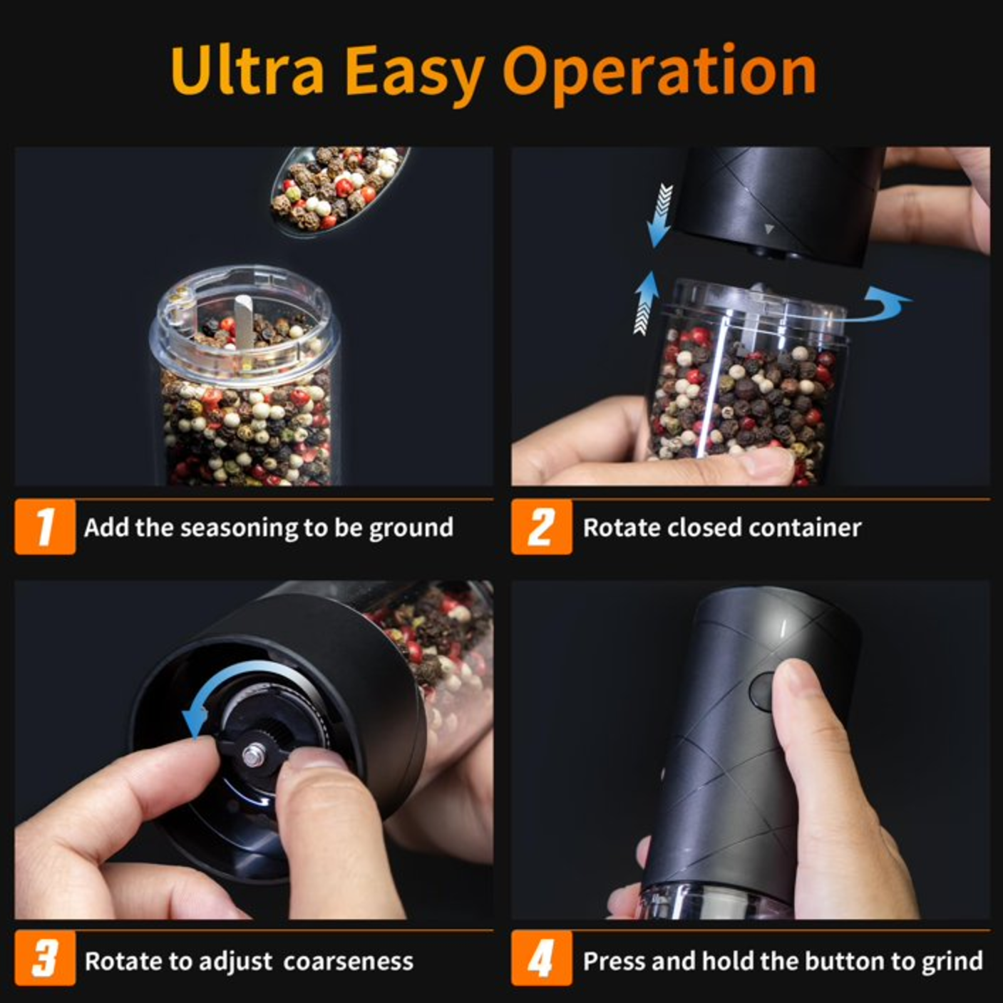 Harjon 2 Pack Electric Salt and Pepper Grinder Set USB Rechargeable with Warm LED Light, Adjustable Coarseness Lidaop Large Capacity Automatic Salt Pepper Mill Grinder for Kitchen, Restaurant, Outdoor