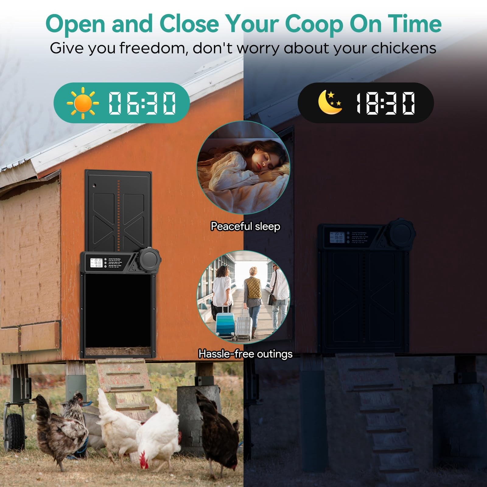 COUTEER Large Automatic Chicken Coop Door, Aluminum Automatic Chicken Door with Manual & Timer Mode, Anti-Pinch & Battery Powered, LCD Display Chicken Door for Chickens, Ducks, and Geese