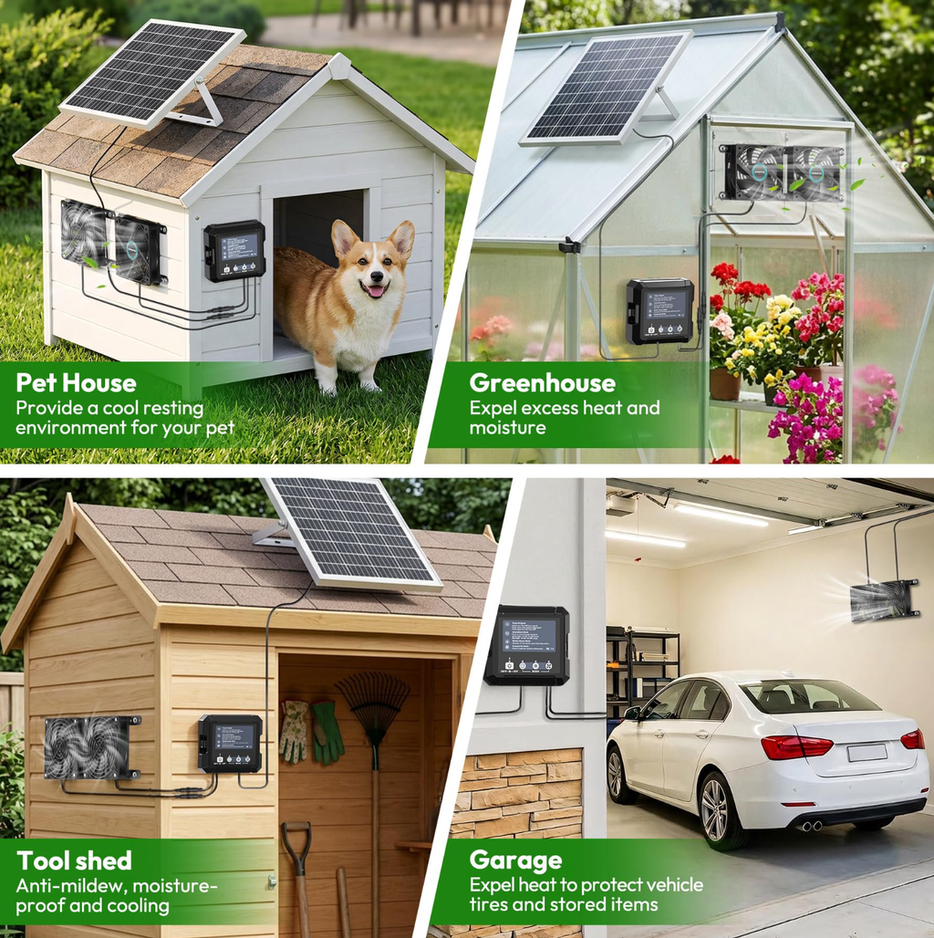 COUTEER 25W Smart Solar Fan for Chicken Coop, Solar Powered Exhaust Fan with 2500mAh Battery, 3 Modes, IP65 Waterproof Ventilation Fan for Greenhouse, Dog House, Shed, Garage Cooling