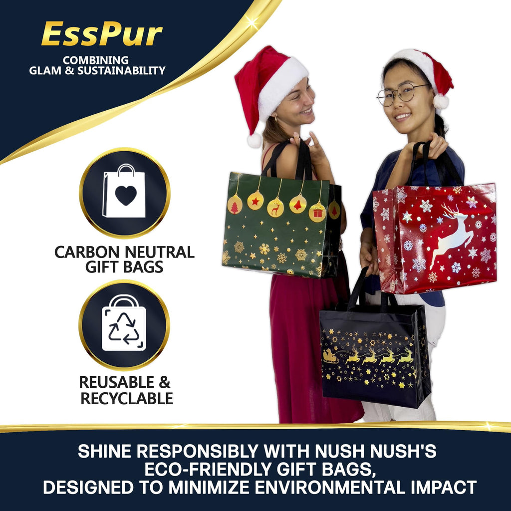 EssPur 12 Reusable Large Christmas Bags – Festive Mix Set With 4 Red Bags, 4 Green Bags & 4 Navy Blue Large Gift Bags With Handles - Christmas Bags In Bulk, Party Favor Bags - 13x5x11 Size
