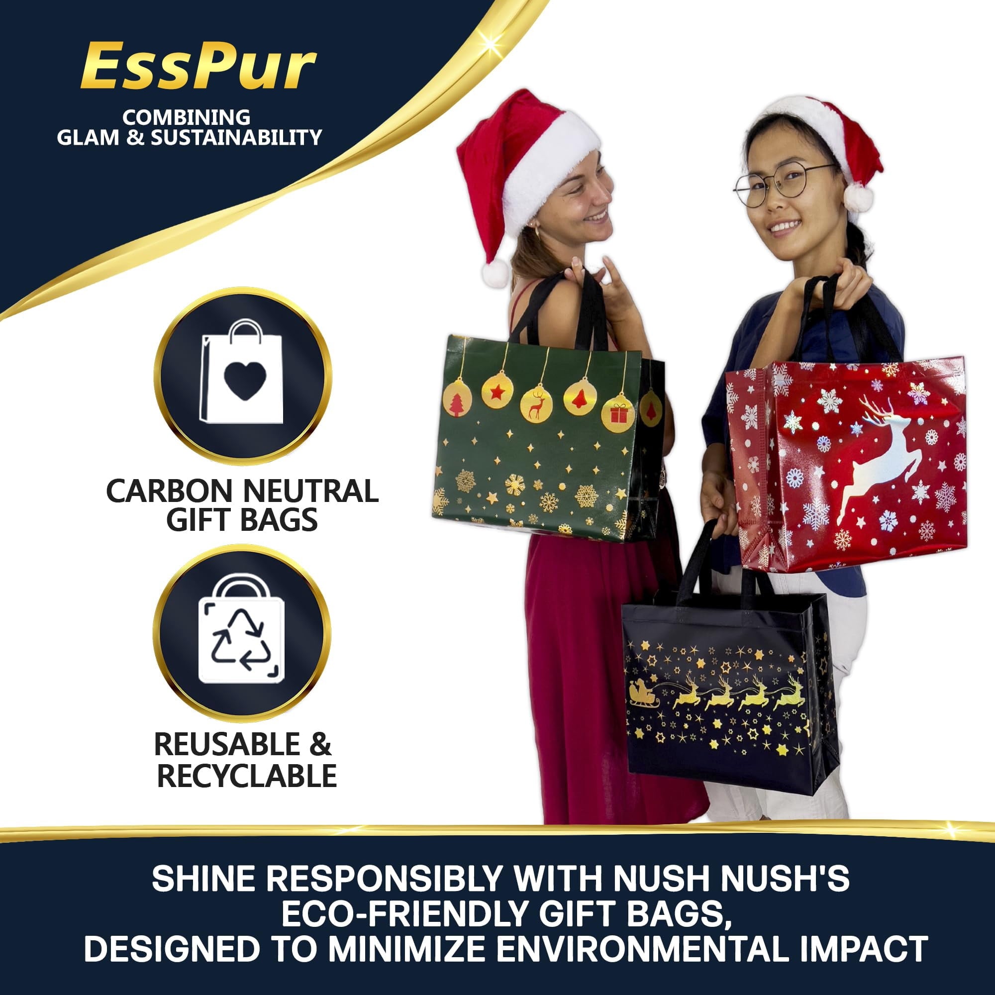 EssPur 12 Reusable Large Christmas Bags – Festive Mix Set With 4 Red Bags, 4 Green Bags & 4 Navy Blue Large Gift Bags With Handles - Christmas Bags In Bulk, Party Favor Bags - 13x5x11 Size