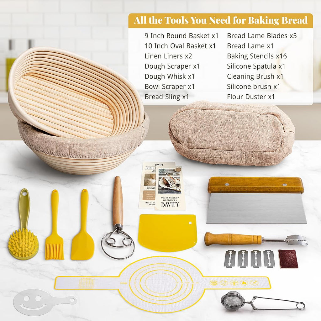 EssPur Bread Proofing Basket Set, 9" Round & 10" Oval Banneton Baskets, Sourdough Bread Baking Supplies with Bread Lame, Dough Whisk & Bread Sling