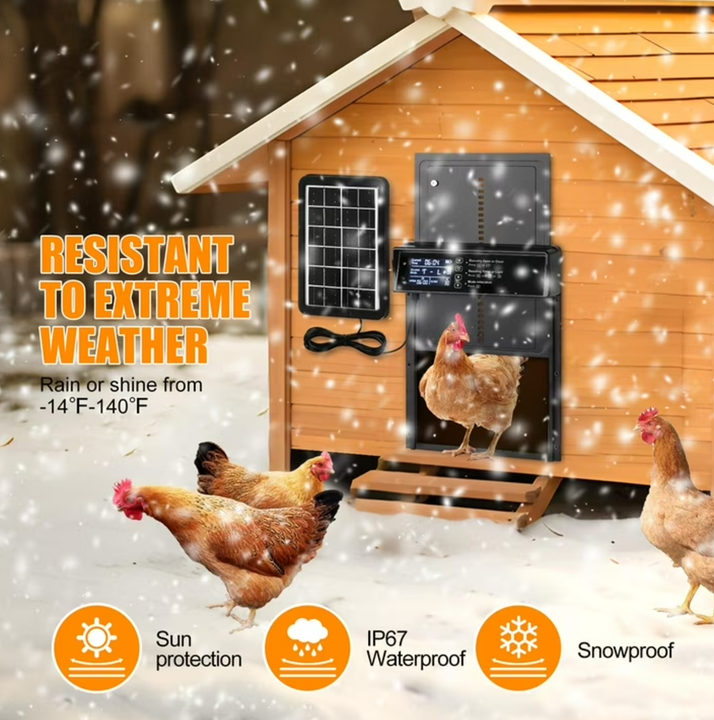 Harjon Automatic Chicken Coop Door Solar Powered, LCD Display Automatic Chicken Door with Timer & Light Sensor, Aluminum Alloy Chicken Door with Remote Control & 4 Modes Automatic Chicken Door Solar
