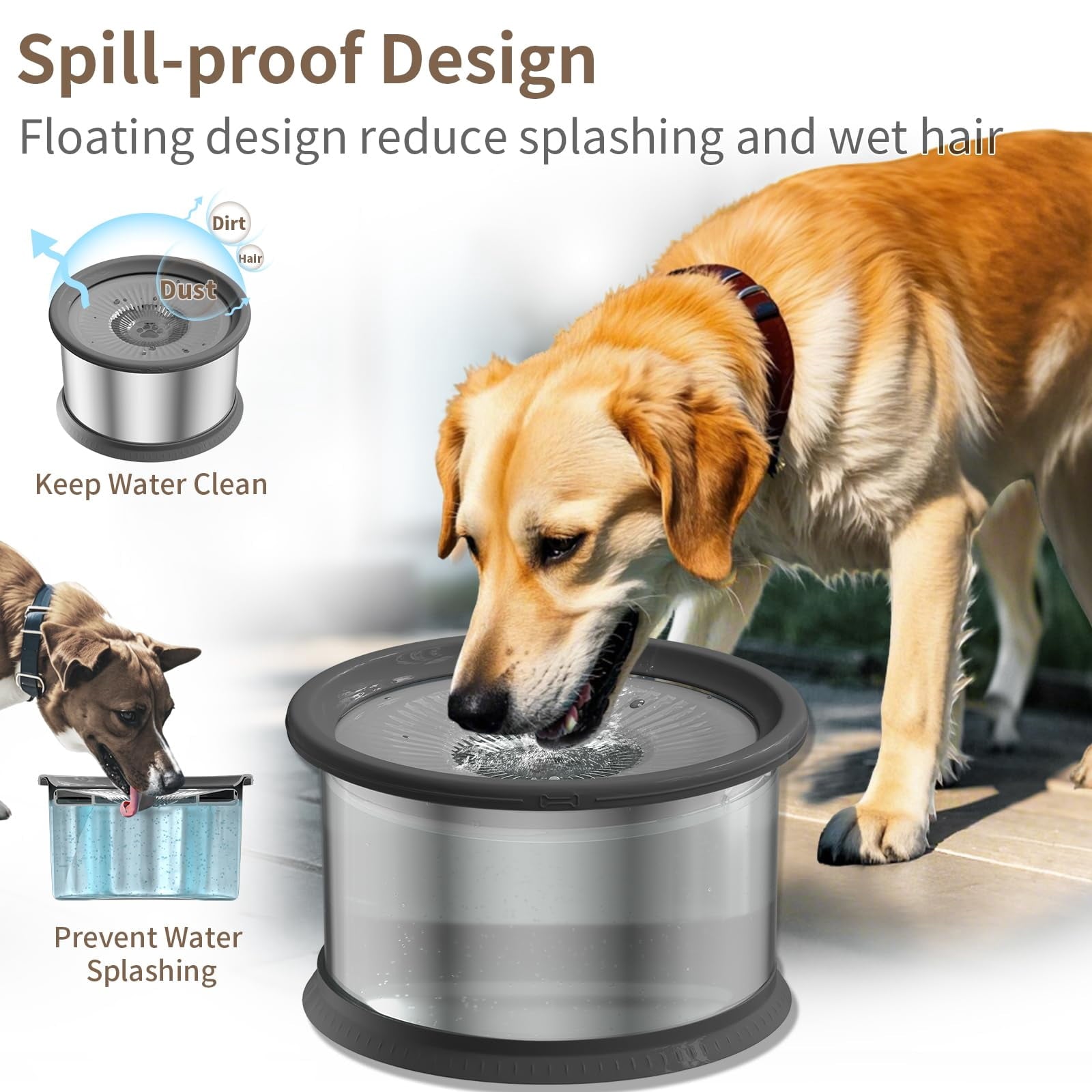 COUTEER 6.5L Dog Water Bowl No Spill 1.6 Gallon Stainless Steel Water Bowl for Dogs 220oz Large Capacity No Splash Slow Drinking Feeder with Anti-Slip Mat for Messy Drinkers