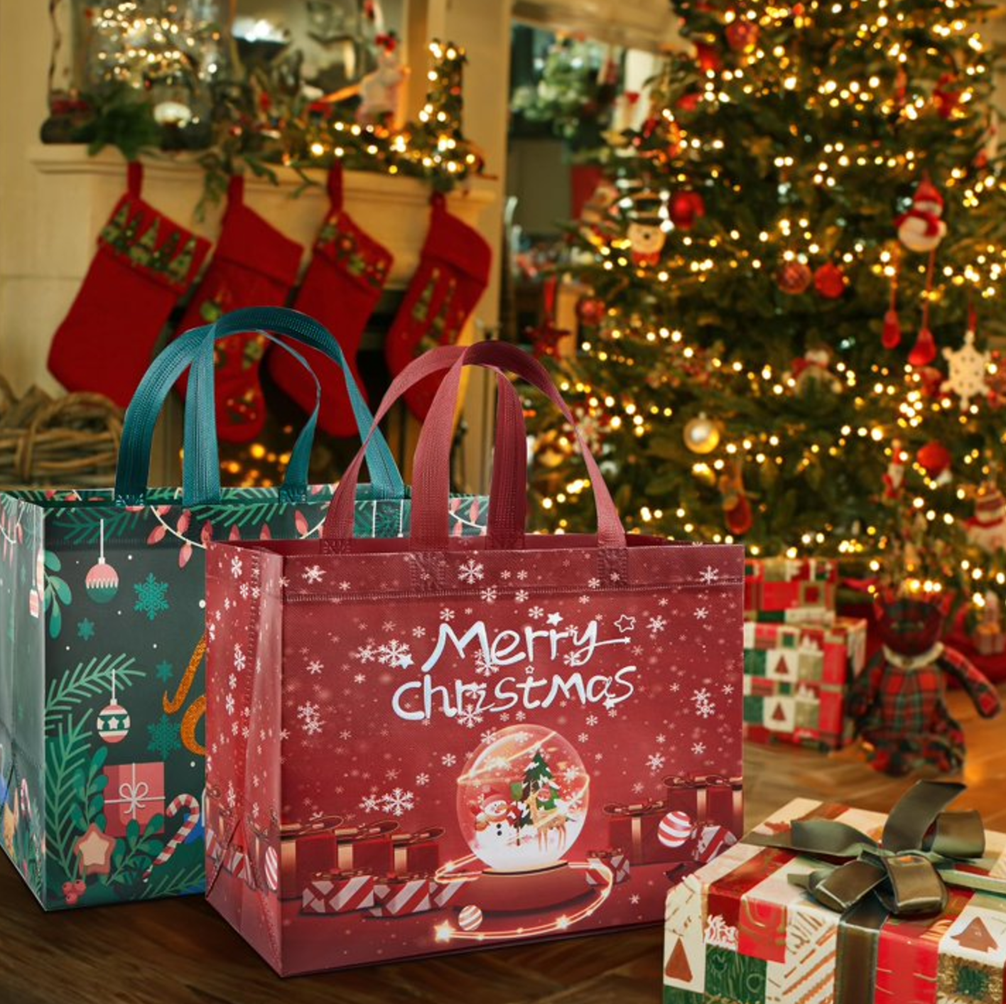 Harjon 8 Pack Christmas Gift Bags with Handles, Large Non-Woven Tote Bags for Wrapping Xmas Party Favors, 12.8"x9.8"x6.7