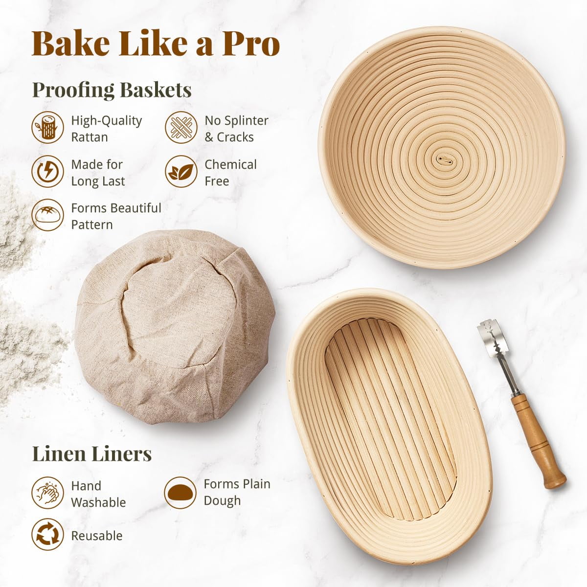 EssPur Bread Proofing Basket Set, 9" Round & 10" Oval Banneton Baskets, Sourdough Bread Baking Supplies with Bread Lame, Dough Whisk & Bread Sling