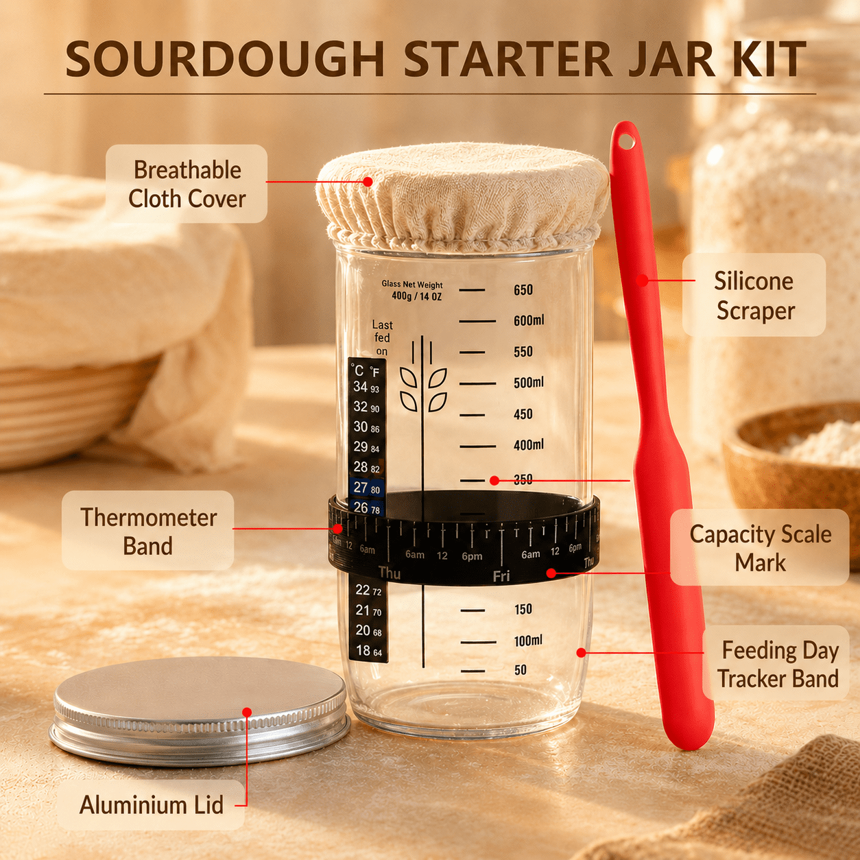 EssPur Complete Sourdough Starter Kit, 9 Inch Round Banneton Bread Proofing Basket with Sourdough Starter Jar, Bread Baking Supplies for Homemade Artisan Bread