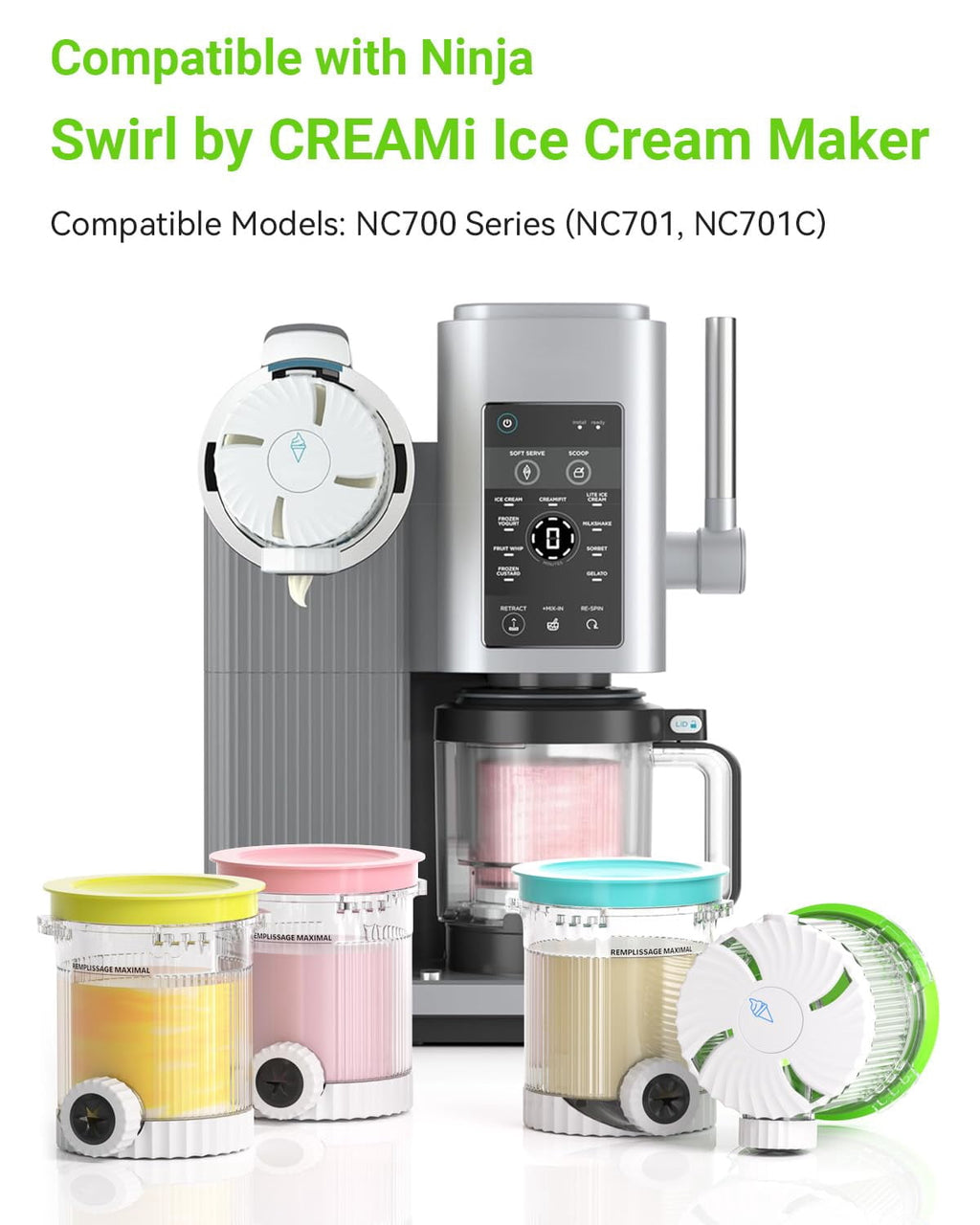 EssPur 4 Pack for Ninja Creami Swirl Pints and Lids Compatible with Ninja NC700 Series, NC701, NC701C, Creami Containers for Swirl Ice Cream & Soft Serve Makers, BPA-Free, Dishwasher Safe