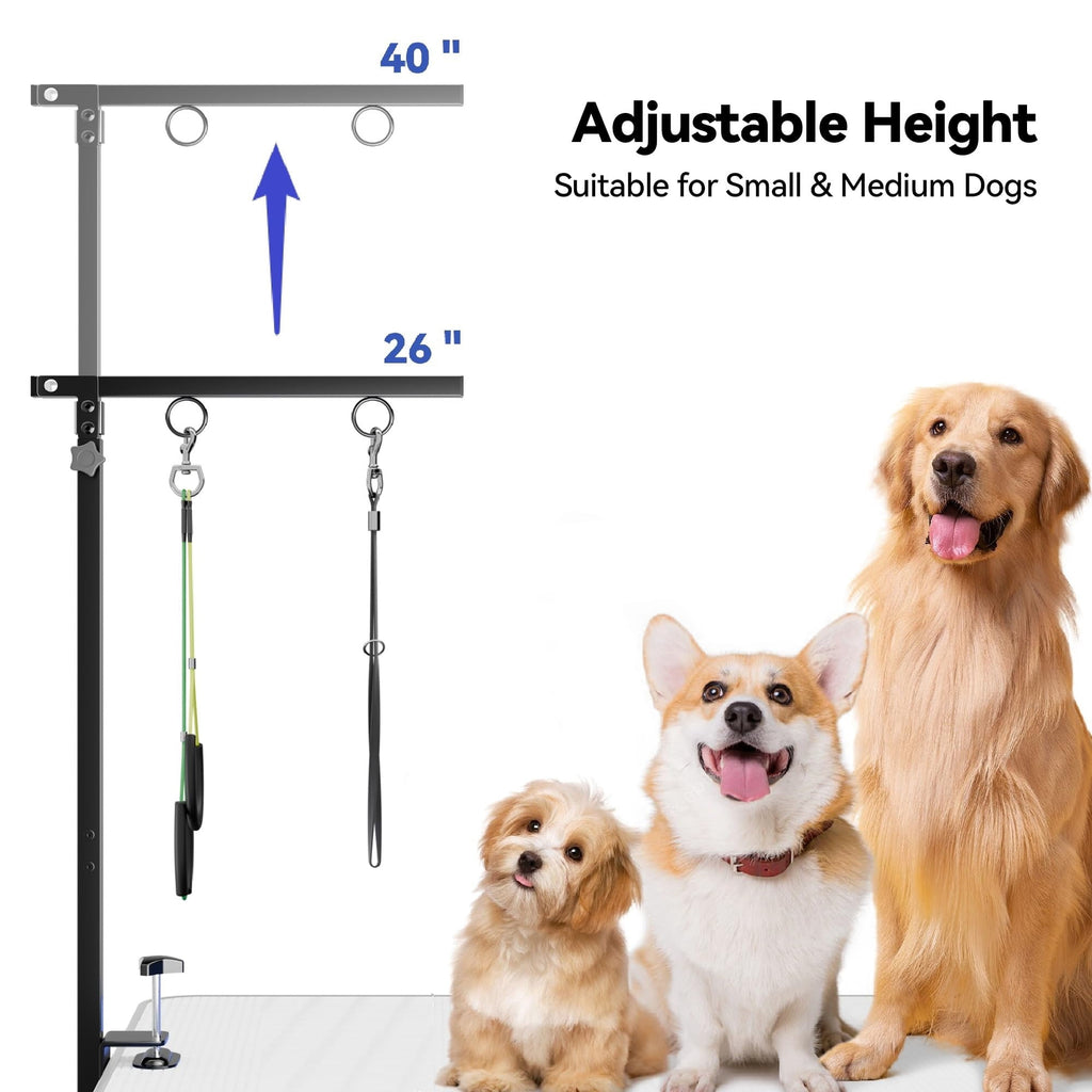 COUTEER Foldable Dog Grooming Arm with Clamp: Adjustable Height 26"-40", Dog Grooming Table Arm with Hammock and No-Sit Holder, Grooming Restraint for Small Medium Dogs at Home or Salon