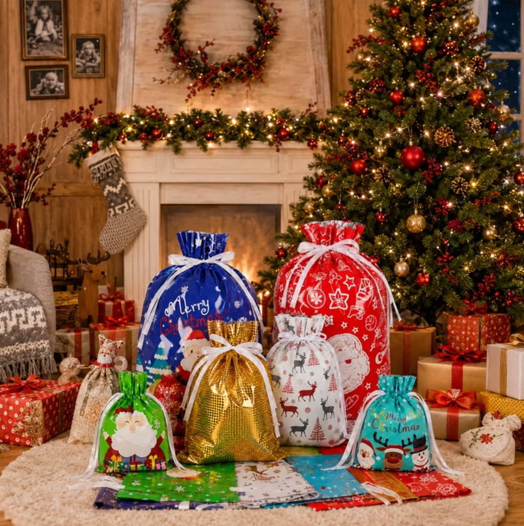 COUTEER 30PCS Christmas Drawstring Gift Bags, Holiday Foil Gift Wrapping Bags Assorted Sizes Xmas Present Sacks for Gifts, Party Favors & Holiday Packaging