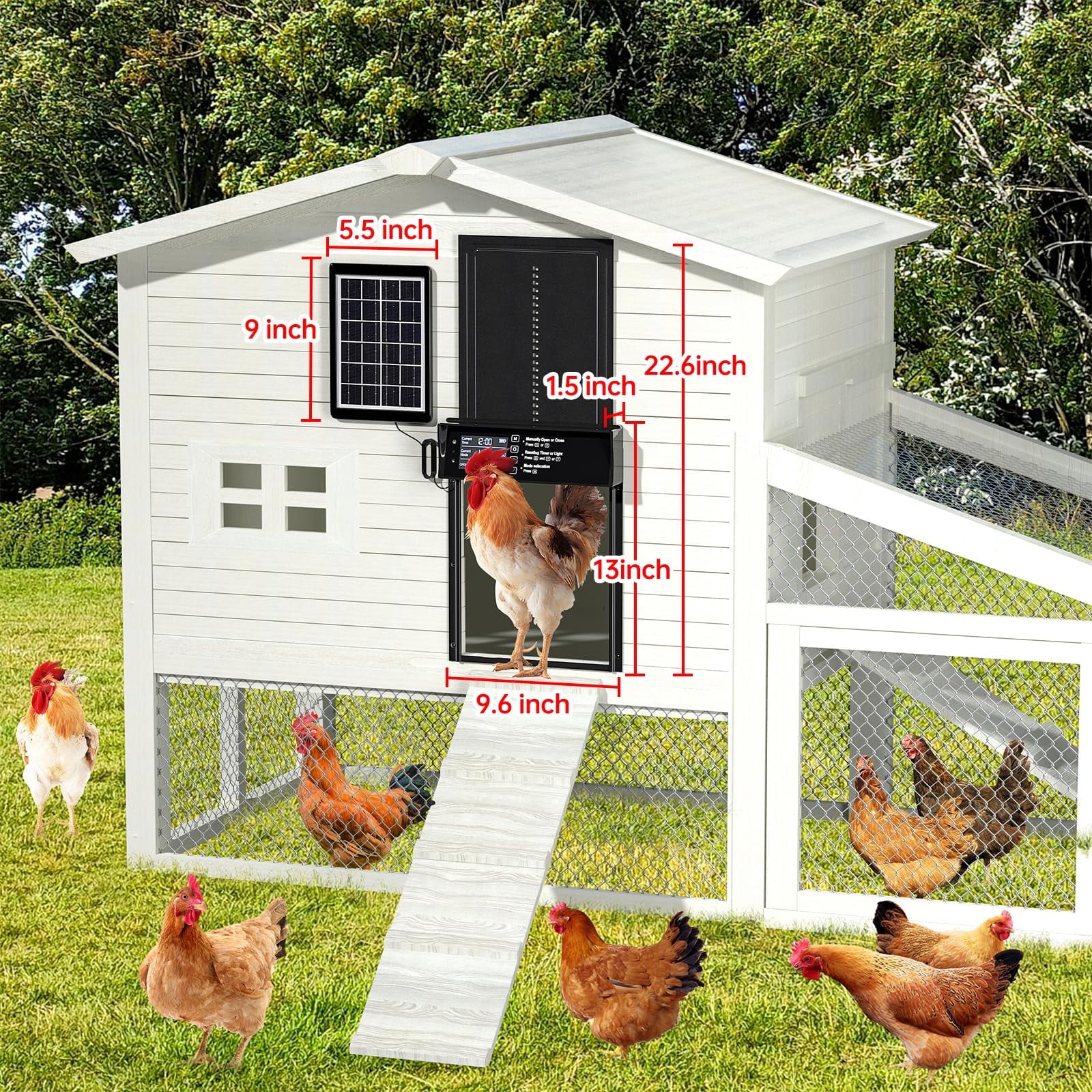 Harjon Automatic Chicken Coop Door Solar Powered, LCD Display Automatic Chicken Door with Timer & Light Sensor, Aluminum Alloy Chicken Door with Remote Control & 4 Modes Automatic Chicken Door Solar
