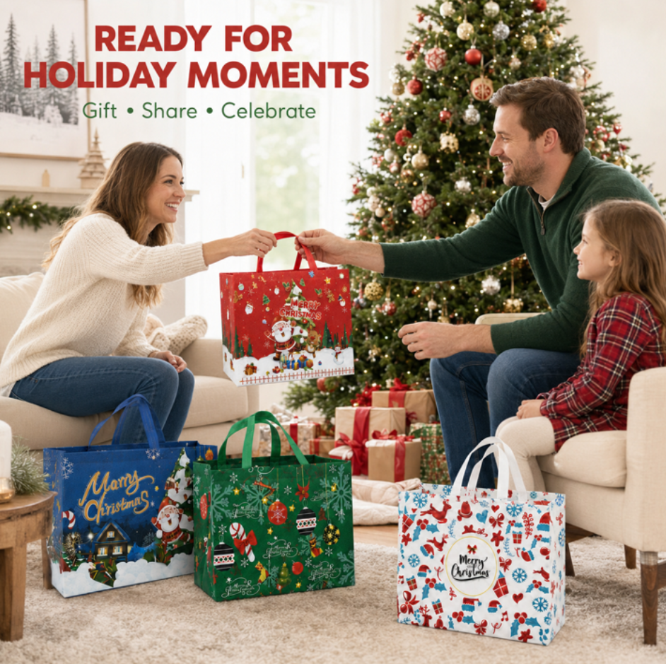 Harjon Christmas Gift Bags,9 Pcs Christmas Tote Bags with Handles for Shopping,Grocery Bags,Gifts Wrapping,Christmas Party Supplies Decorations,12.7"*9.8"*6.7" Reusable Gift Bags