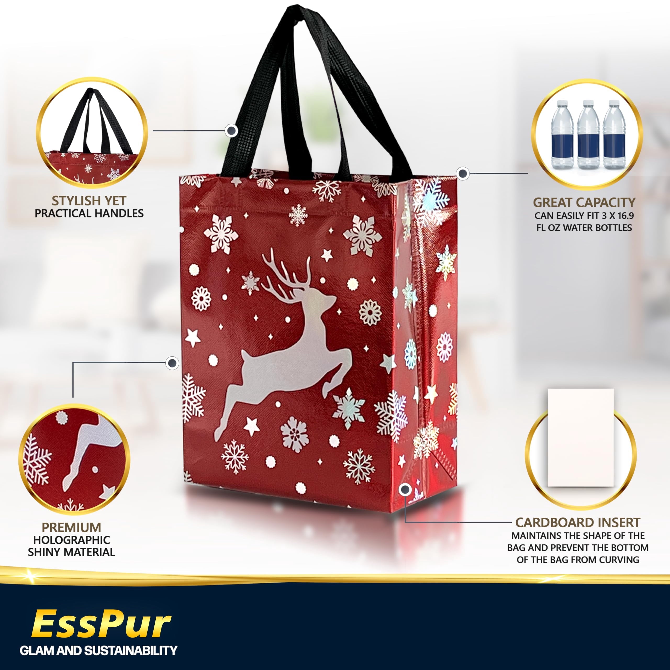 EssPur Christmas Bags – 12 Reusable Gift Bags - Festive Mix Set Of Red, Green & Navy Blue Gift Bags With Handles - Christmas Bags, Goodie Bags, Party Favor Bags - 8 x 4x 10 Medium Size