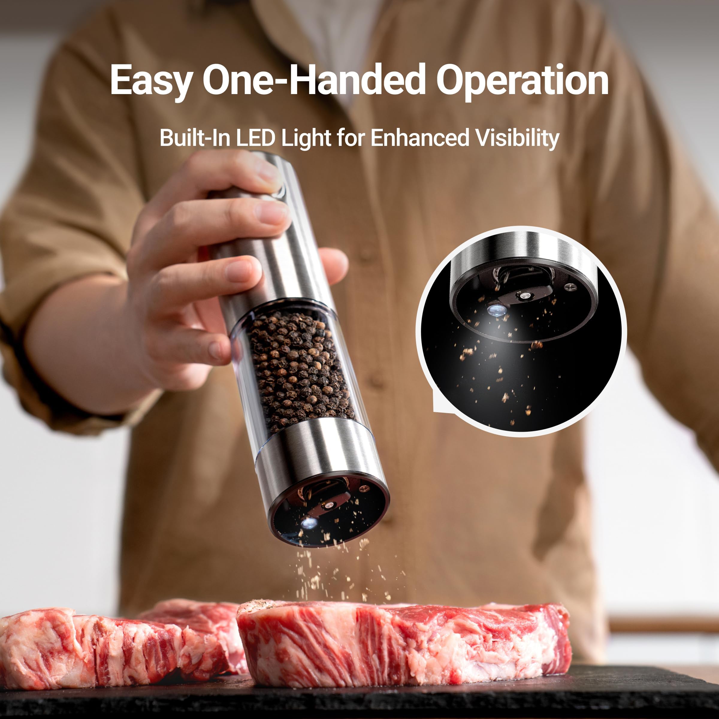 EssPur Electric Salt and Pepper Grinder Set 3.21oz Stainless Steel Rechargeable Automatic Salt and Pepper Mill Grinder with 6 Adjustable Coarseness with LED Light