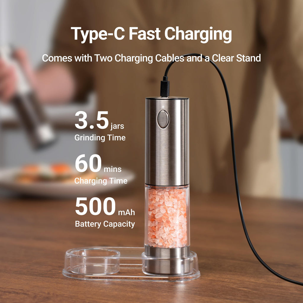 EssPur Electric Salt and Pepper Grinder Set 3.21oz Stainless Steel Rechargeable Automatic Salt and Pepper Mill Grinder with 6 Adjustable Coarseness with LED Light