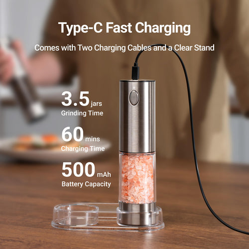 EssPur Electric Salt and Pepper Grinder Set 3.21oz Stainless Steel Rechargeable Automatic Salt and Pepper Mill Grinder with 6 Adjustable Coarseness with LED Light