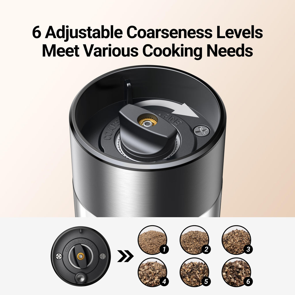 EssPur Electric Salt and Pepper Grinder Set 3.21oz Stainless Steel Rechargeable Automatic Salt and Pepper Mill Grinder with 6 Adjustable Coarseness with LED Light