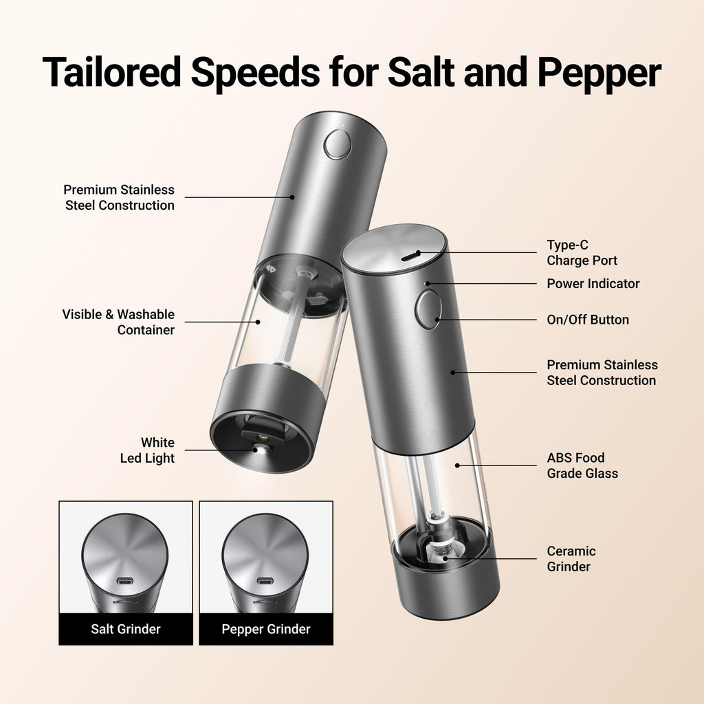 EssPur Electric Salt and Pepper Grinder Set 3.21oz Stainless Steel Rechargeable Automatic Salt and Pepper Mill Grinder with 6 Adjustable Coarseness with LED Light