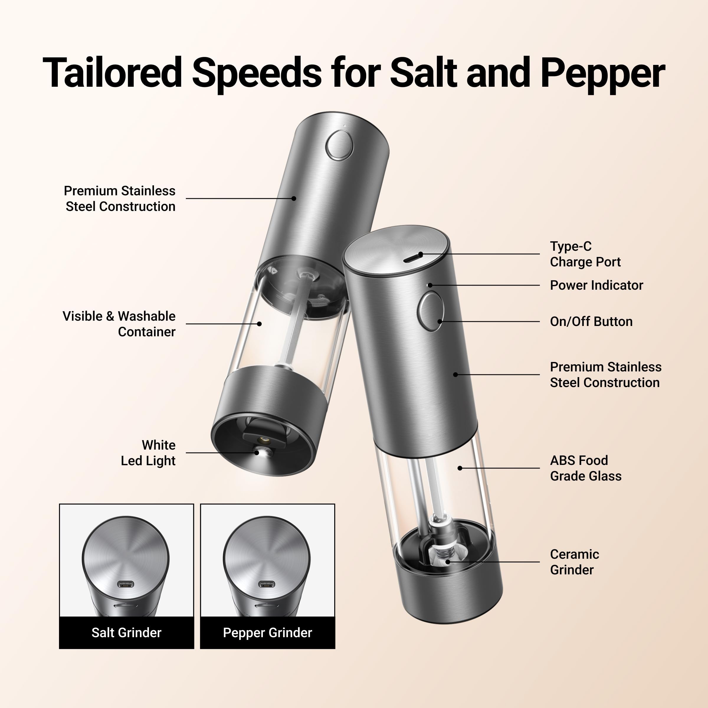 EssPur Electric Salt and Pepper Grinder Set 3.21oz Stainless Steel Rechargeable Automatic Salt and Pepper Mill Grinder with 6 Adjustable Coarseness with LED Light
