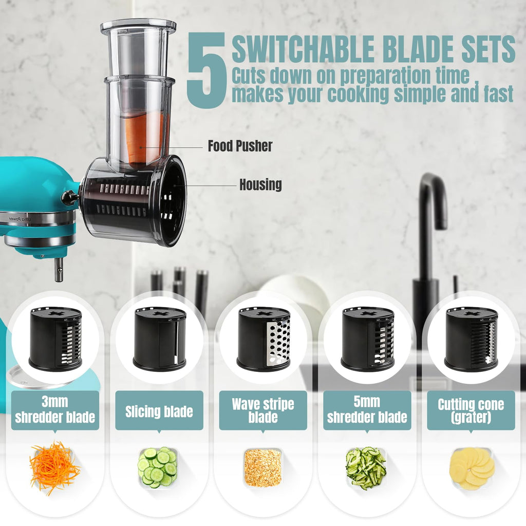 EssPur Stainless Steel Slicer Shredder Attachments for KitchenAid Stand Mixers, Vegetable Shredder, Cheese Grater, Salad Maker, Food Slicers Chopper Grinding Powder Accessories with Detachable 5 Blade