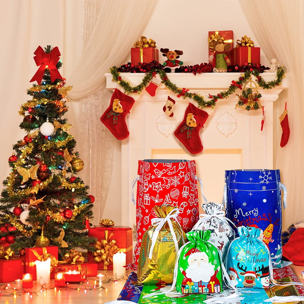 EssPur 30PCS Christmas Drawstring Gift Bags Assorted Sizes,Christmas Wrapping Bags Sacks Xmas Presents Fast Wrapping for Birthday Holiday Party Favor