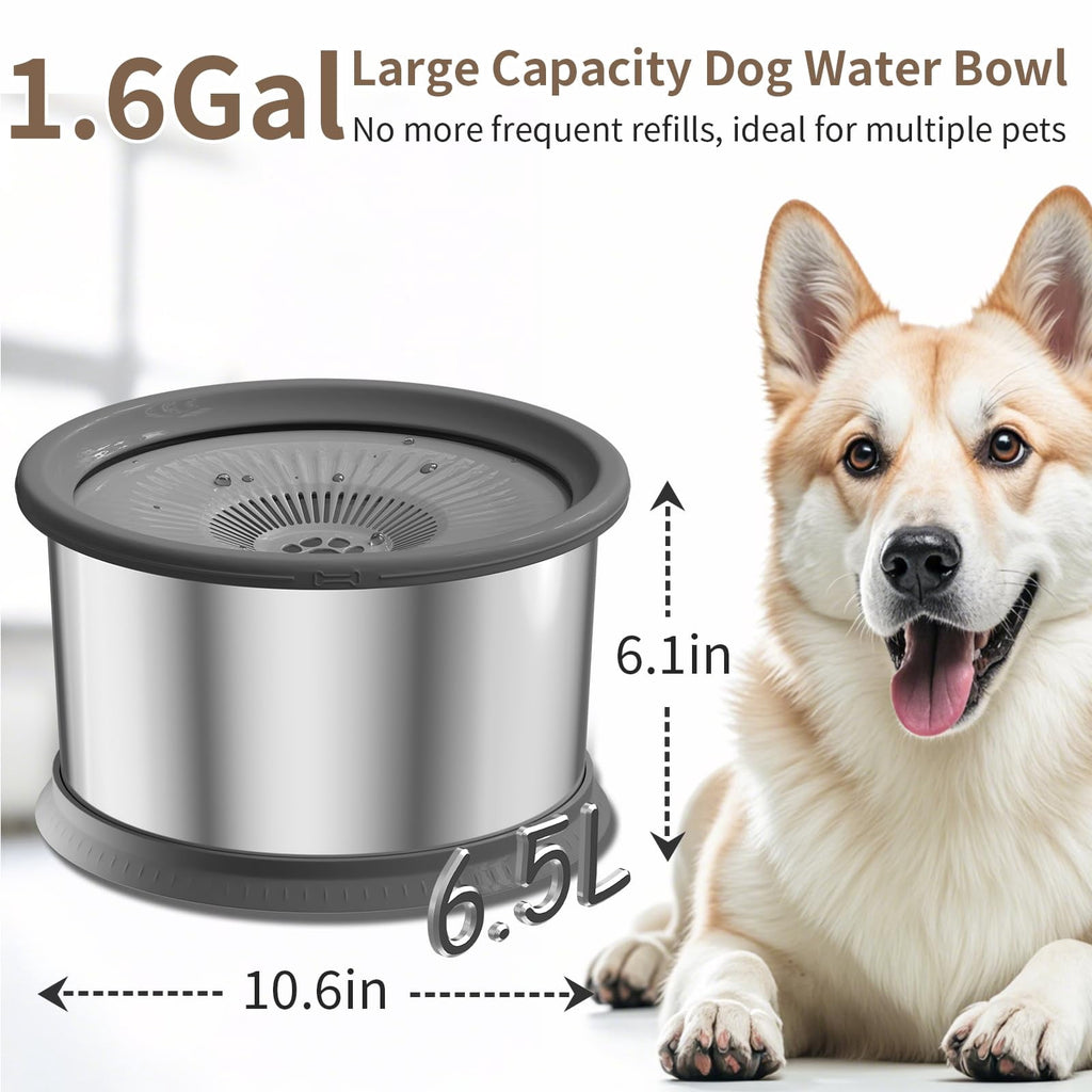 COUTEER 6.5L Dog Water Bowl No Spill 1.6 Gallon Stainless Steel Water Bowl for Dogs 220oz Large Capacity No Splash Slow Drinking Feeder with Anti-Slip Mat for Messy Drinkers