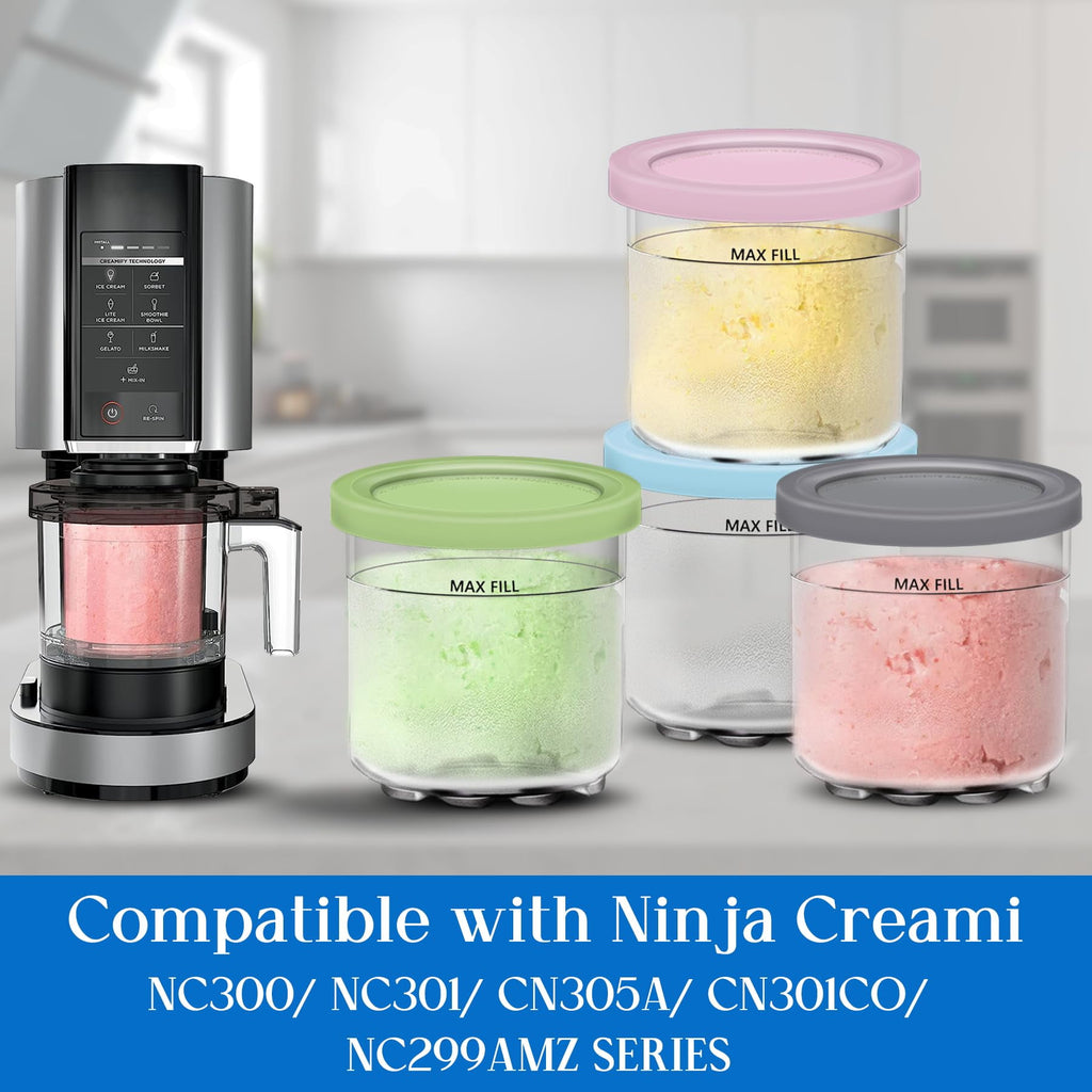 Harjon for Ninja Creami Pints and Lids - 4 Pack,16OZ Compatible with NC299AMZ & NC300s Series Ice Cream Makers, Extra Cups Replacement for Ninja Creamy Containers Airtight Anti-slip Dishwasher Safe