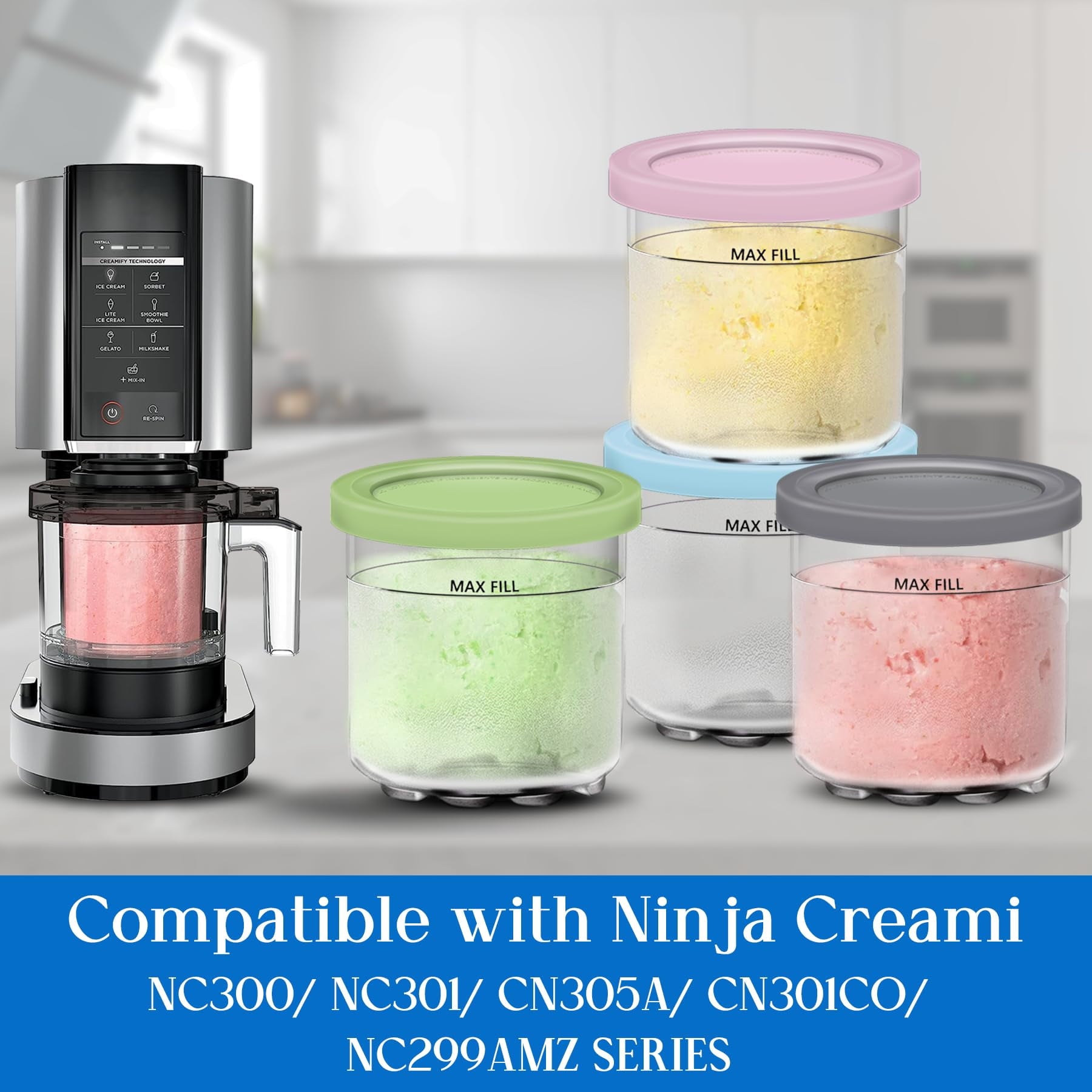Harjon for Ninja Creami Pints and Lids - 4 Pack,16OZ Compatible with NC299AMZ & NC300s Series Ice Cream Makers, Extra Cups Replacement for Ninja Creamy Containers Airtight Anti-slip Dishwasher Safe