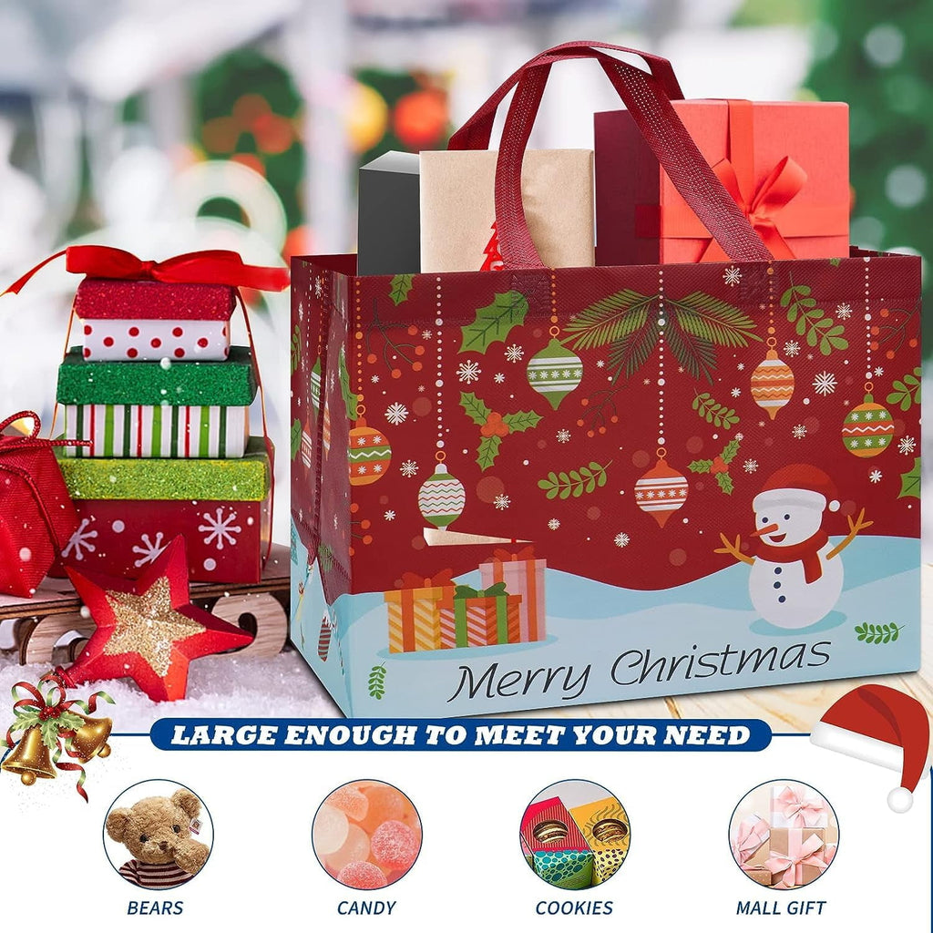 Harjon 12 Pack Christmas Gift Bags Large Reusable Tote Bags, Non-Wove Bags for New Year's Shopping, Christmas Surprise, Xmas Party Supplies,12.8"×9.8"×6.7"